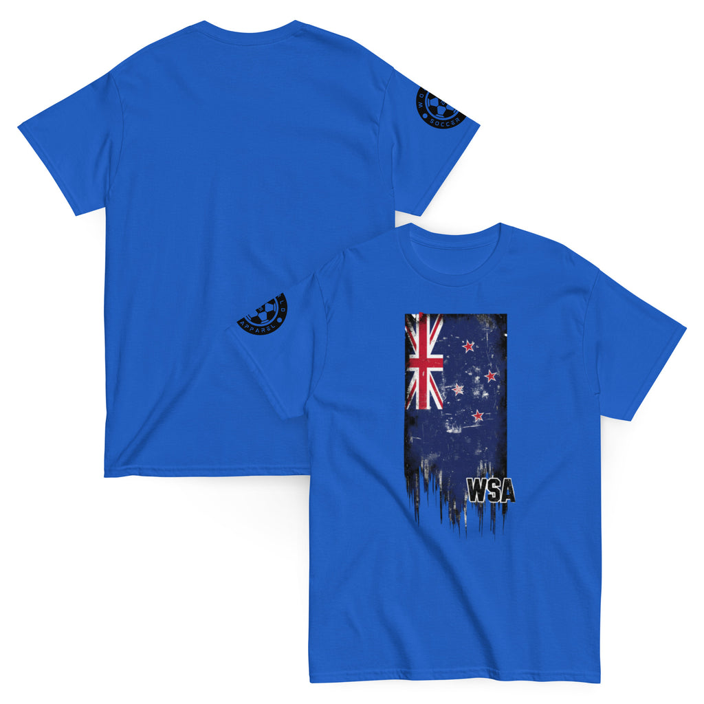 Blue t-shirt with a graphic design on the front and back