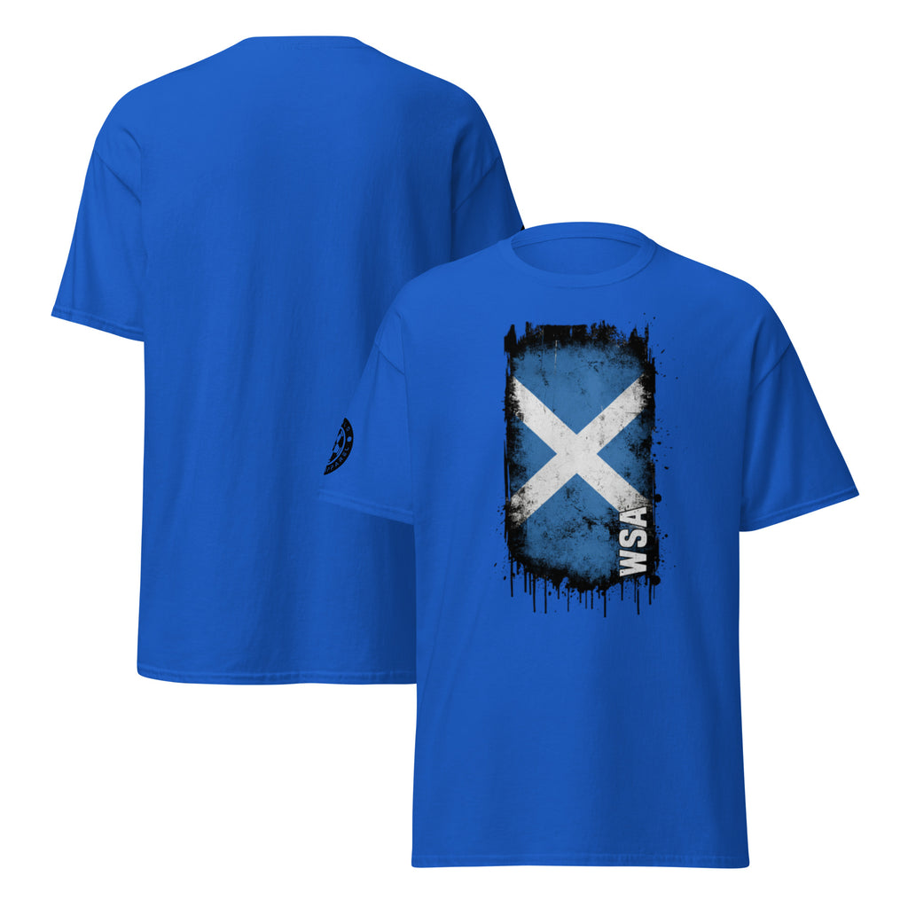 Blue t-shirt with Scottish flag design on a white background
