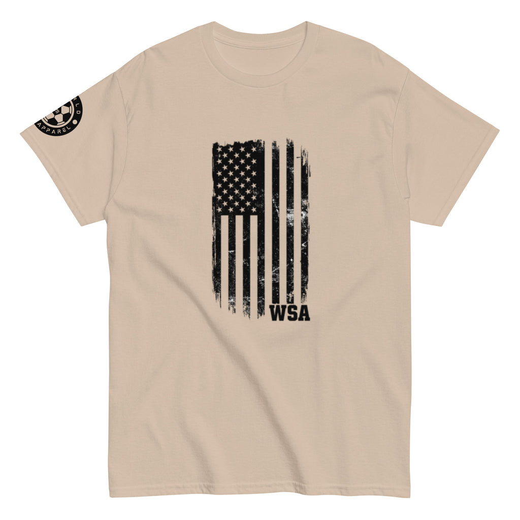 Beige t-shirt with American flag graphic and 'WSA' text on a white background