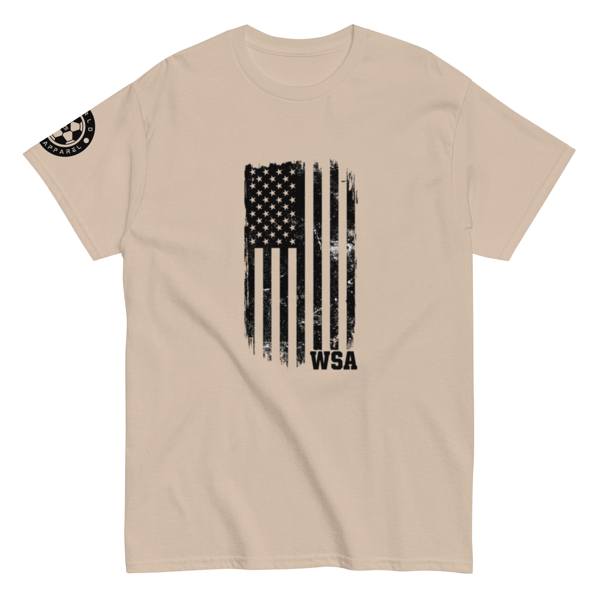 Beige t-shirt with American flag graphic and 'WSA' text on a white background