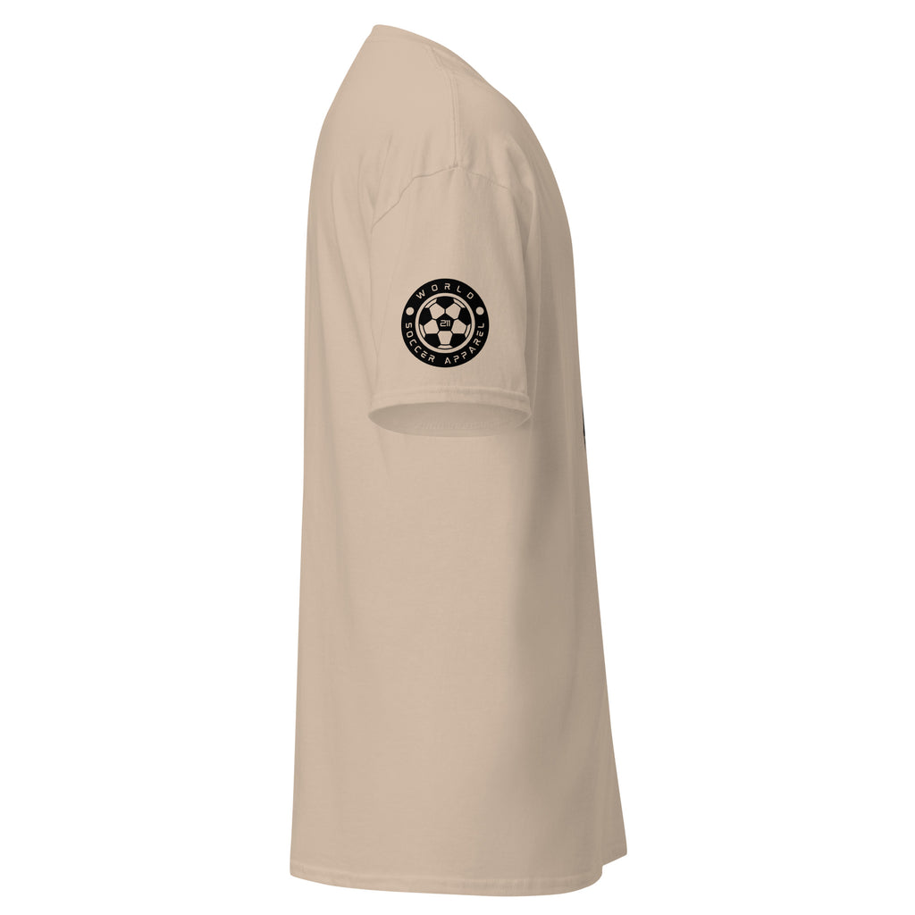 Beige t-shirt with a logo on the sleeve against a white background