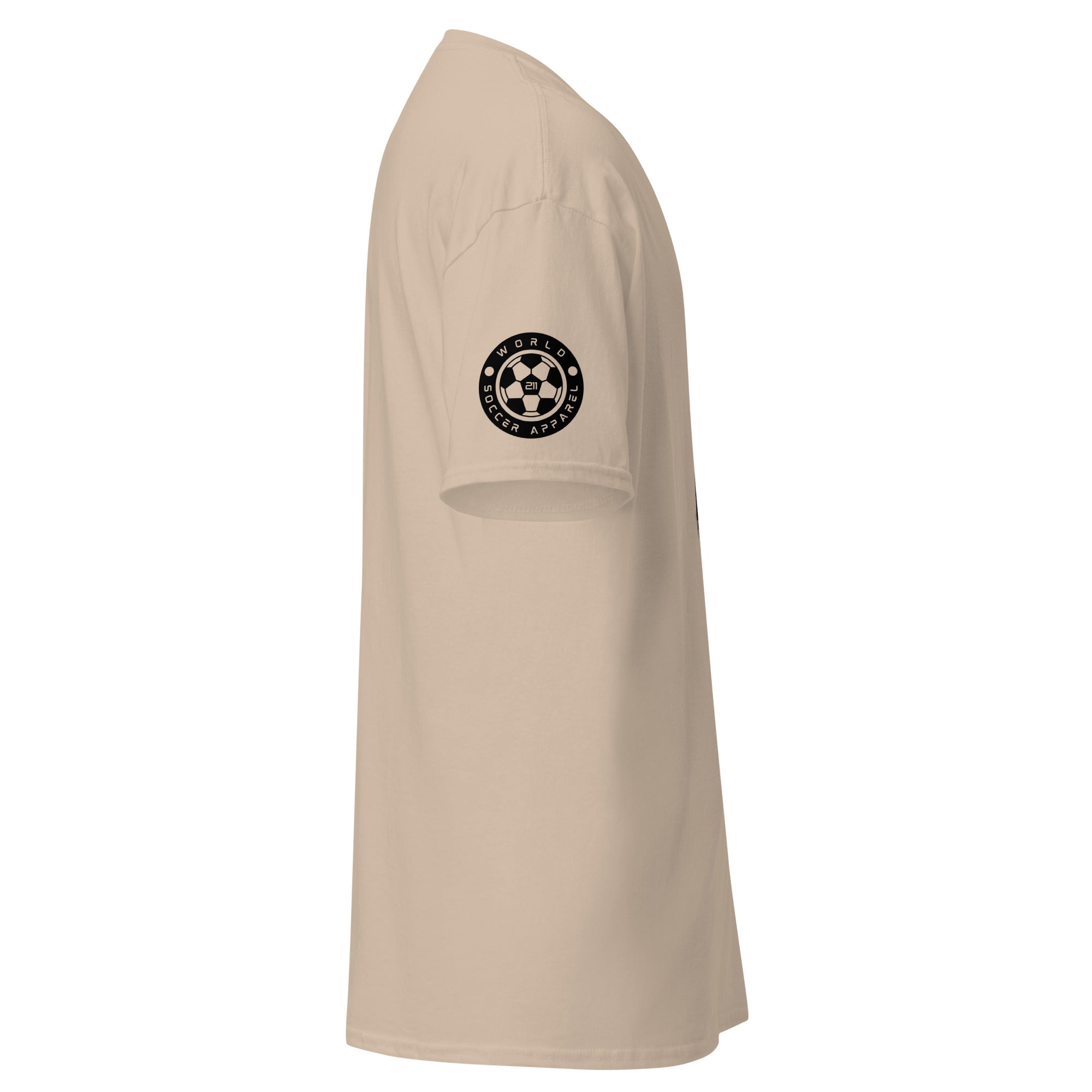 Beige t-shirt with a logo on the sleeve against a white background