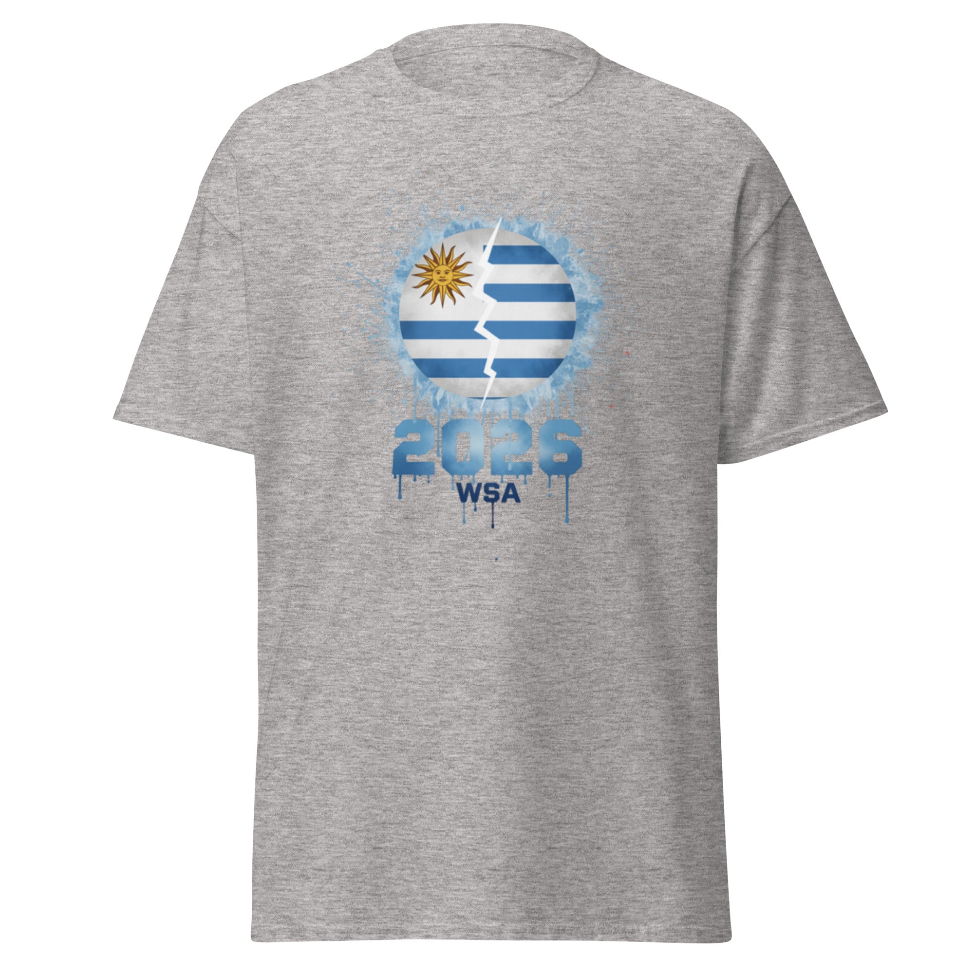 Gray t-shirt with a graphic design featuring a flag and '2026 WSA' text on a white background