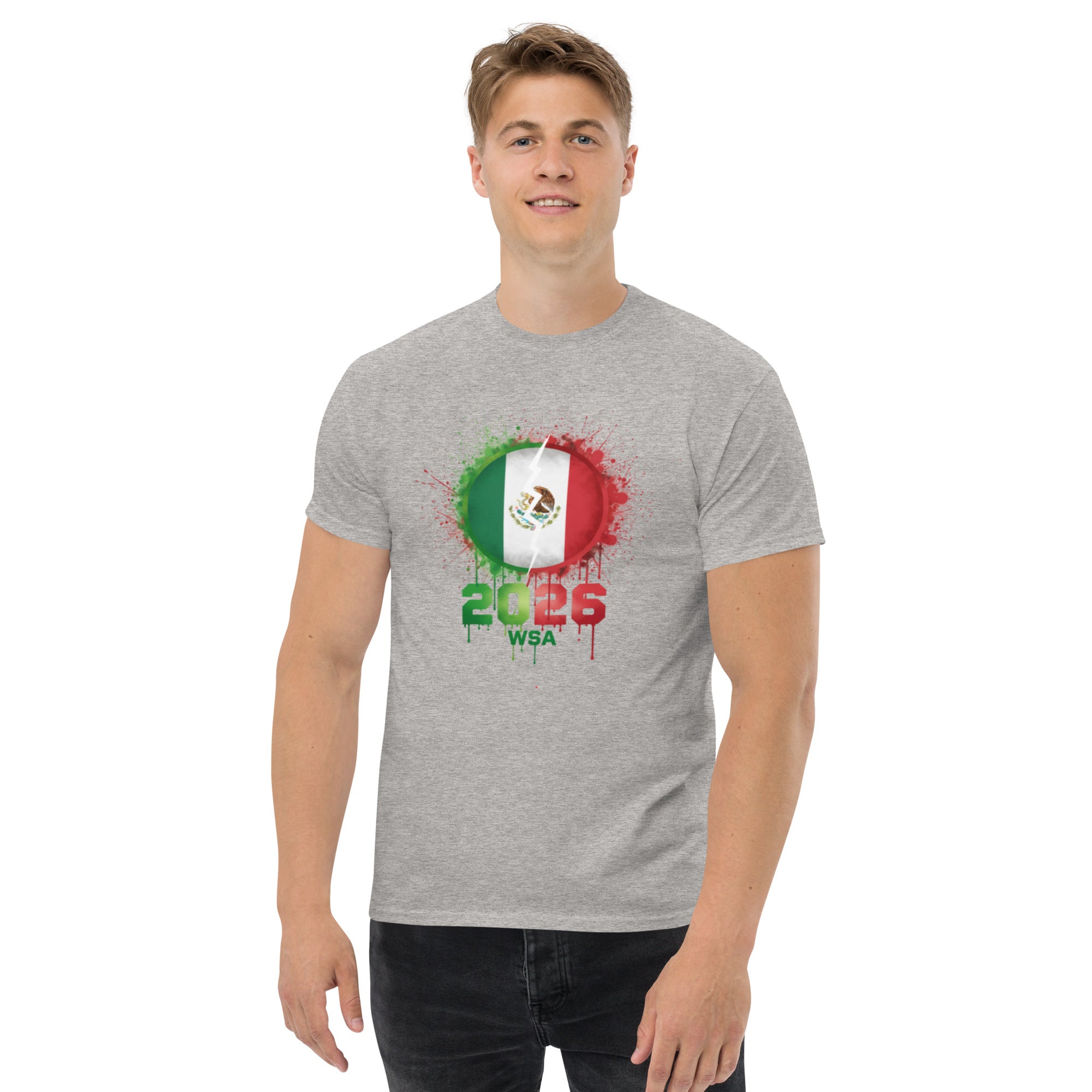 Person wearing a gray t-shirt with a graphic design on a white background