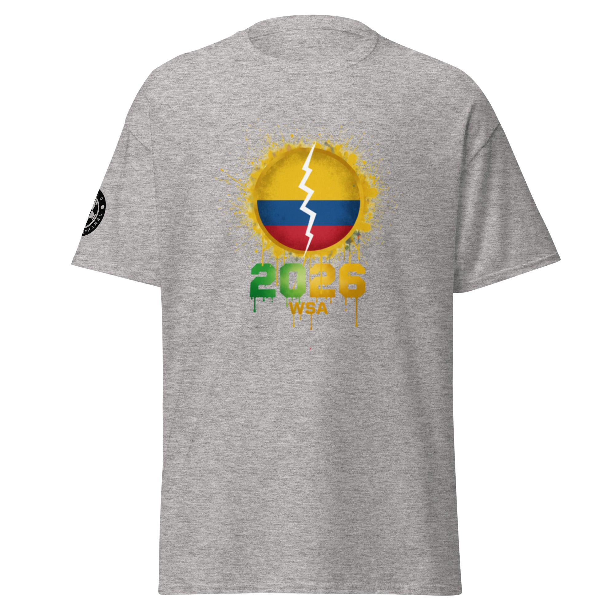 Gray t-shirt with a colorful graphic design on a white background