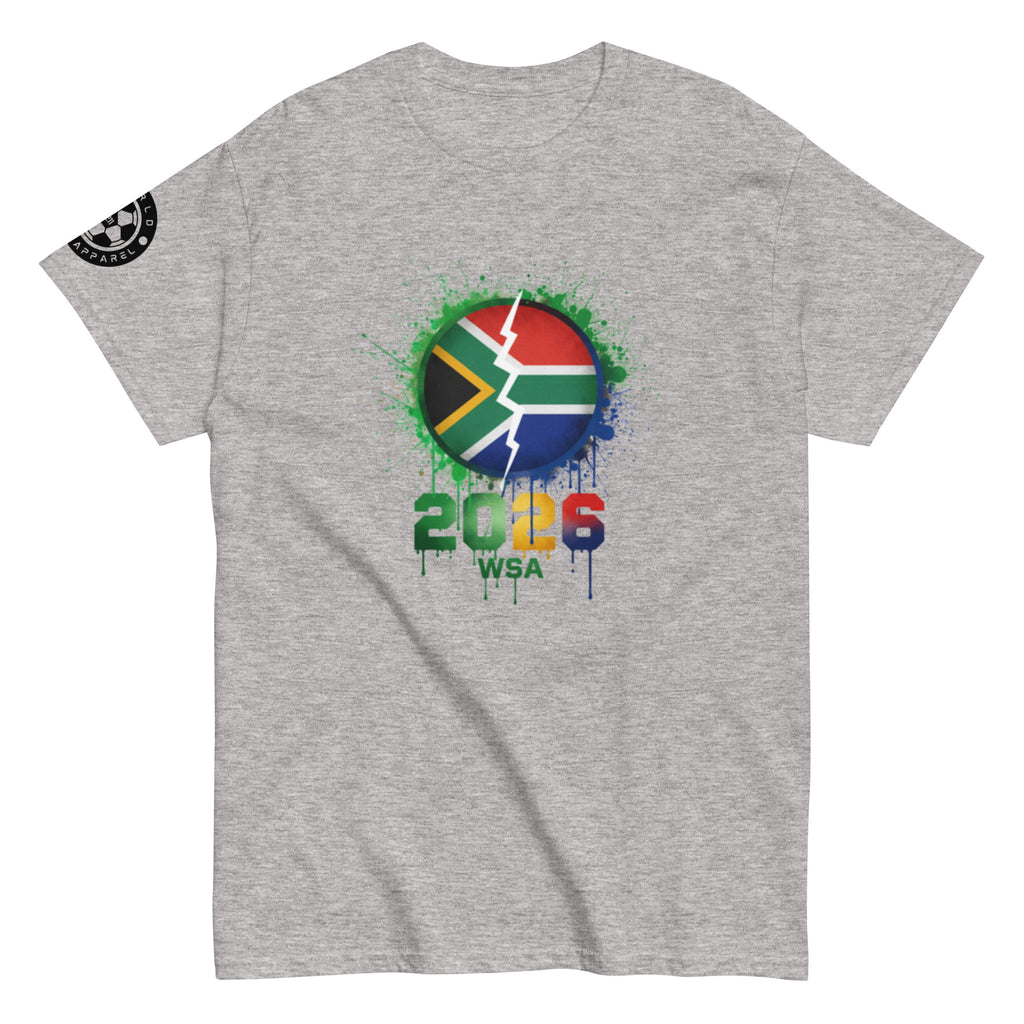 Gray t-shirt with a colorful graphic design featuring the South African flag and '2026 WSA' text on a white background.