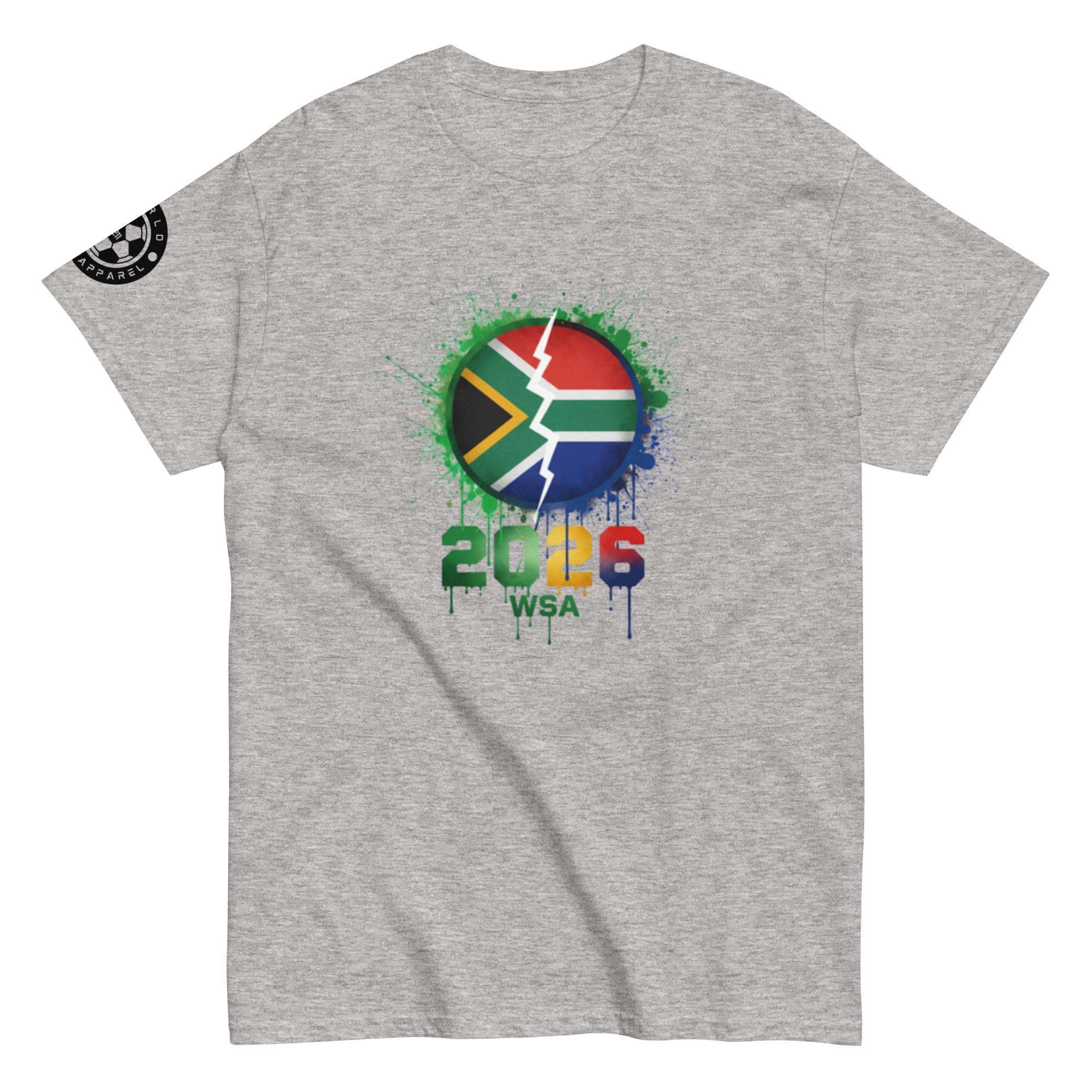 Gray t-shirt with a colorful graphic design featuring the South African flag and '2026 WSA' text on a white background.