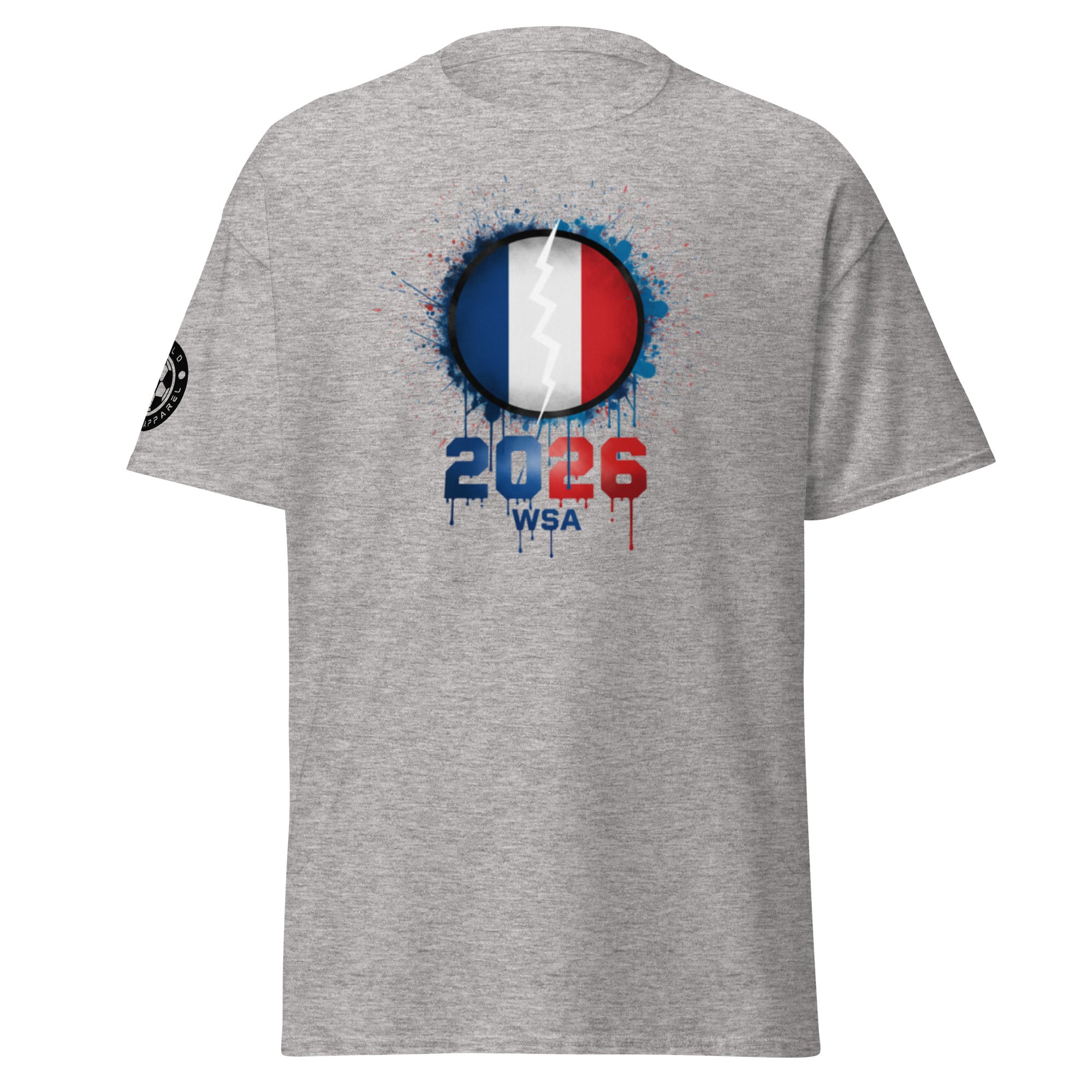 Gray t-shirt with a design featuring a circle with colors and text on a white background