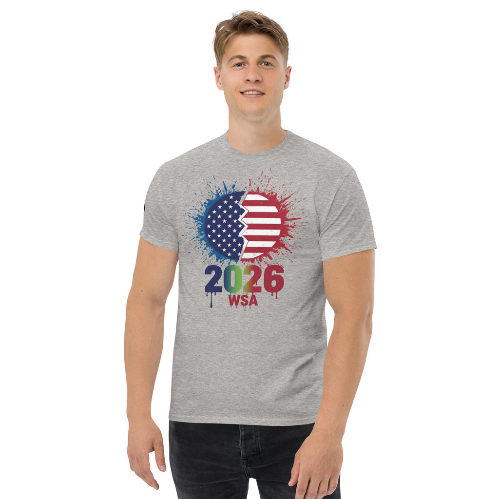Person wearing a gray t-shirt with a colorful design featuring the year 2026 and 'WSA' text on a white background.
