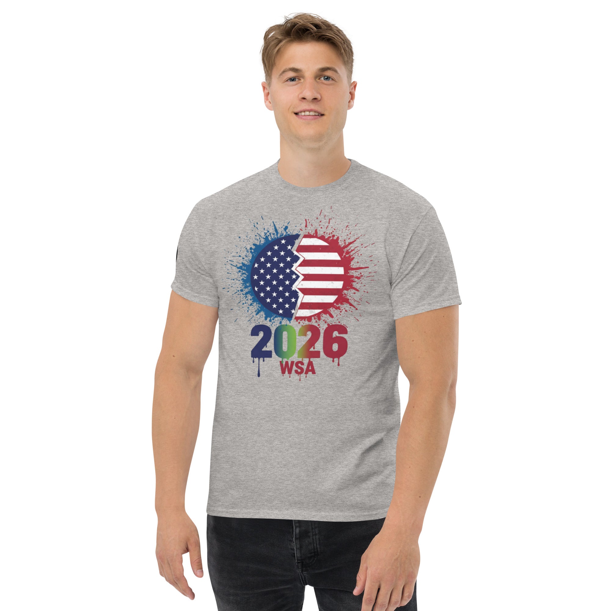 Person wearing a gray t-shirt with a colorful design featuring the year 2026 and 'WSA' text on a white background.