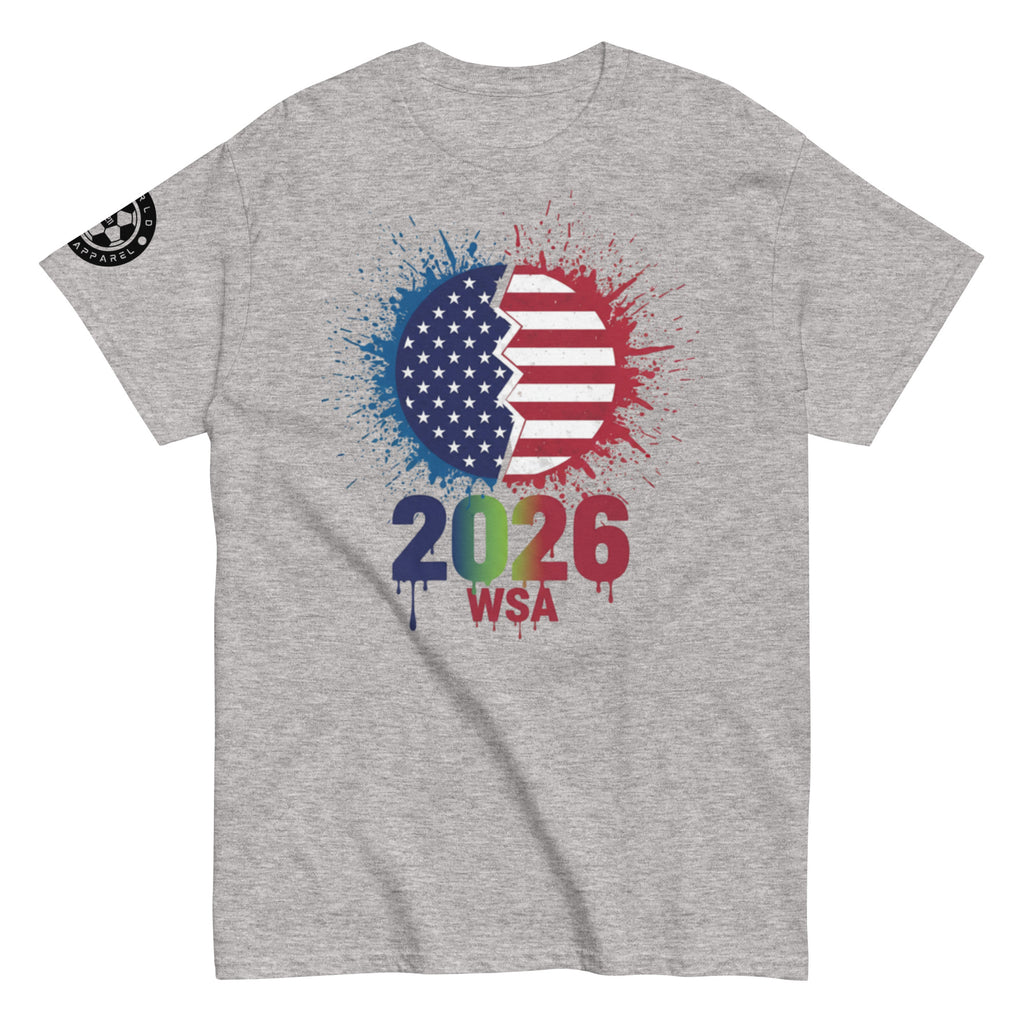 Gray t-shirt with American flag design and '2026 WSA' text on a white background