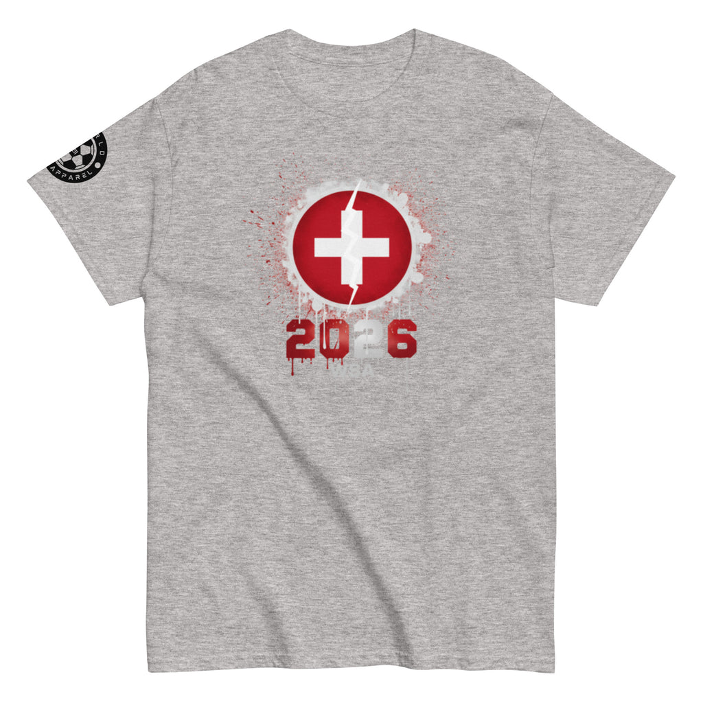 Gray t-shirt with a red and white graphic design on a white background