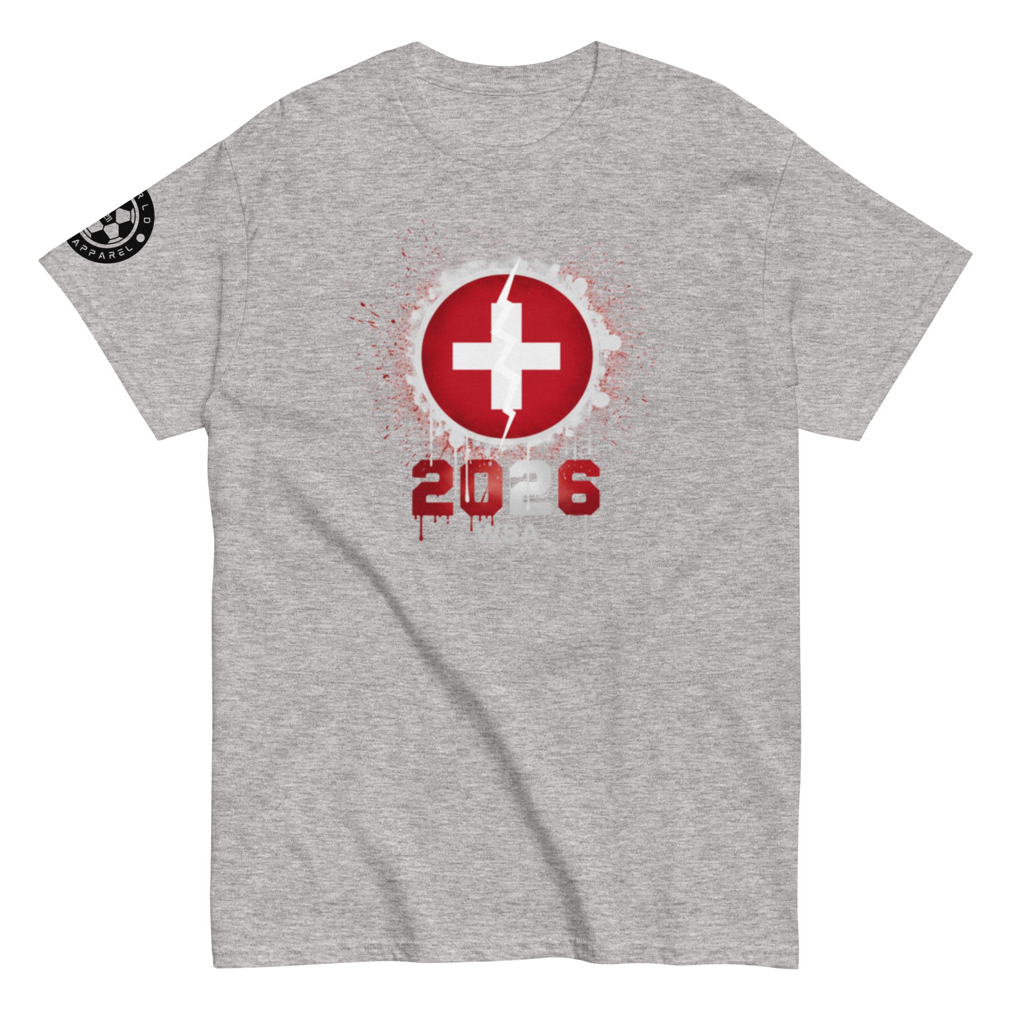 Gray t-shirt with a red and white graphic design on a white background