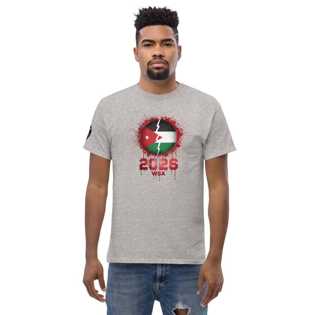 Man wearing a gray t-shirt with a graphic design on a white background