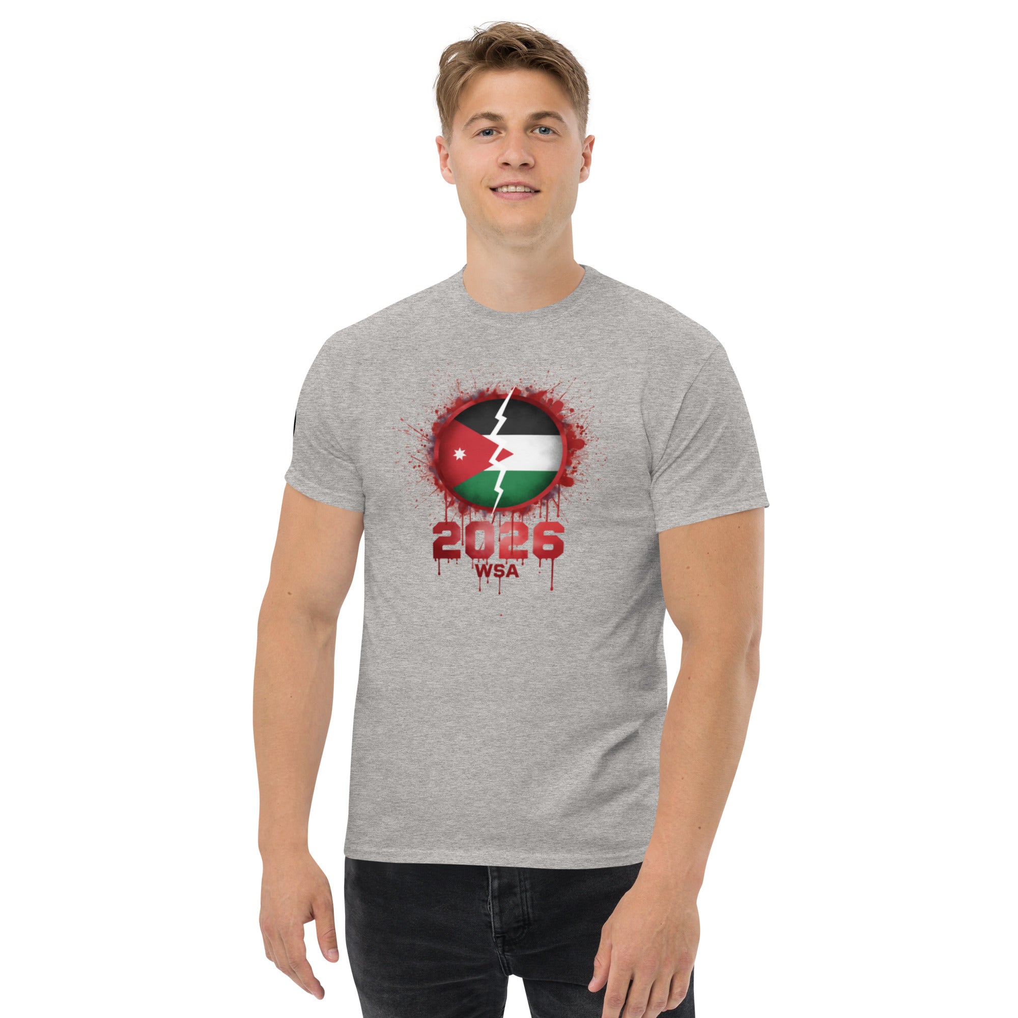 Person wearing a gray t-shirt with a graphic design on a white background