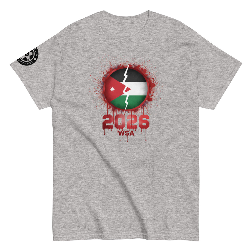Gray t-shirt with a graphic design featuring a flag and text on a white background