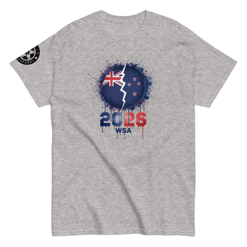 Gray t-shirt with a design featuring a flag and '2026 WSA' text on a white background