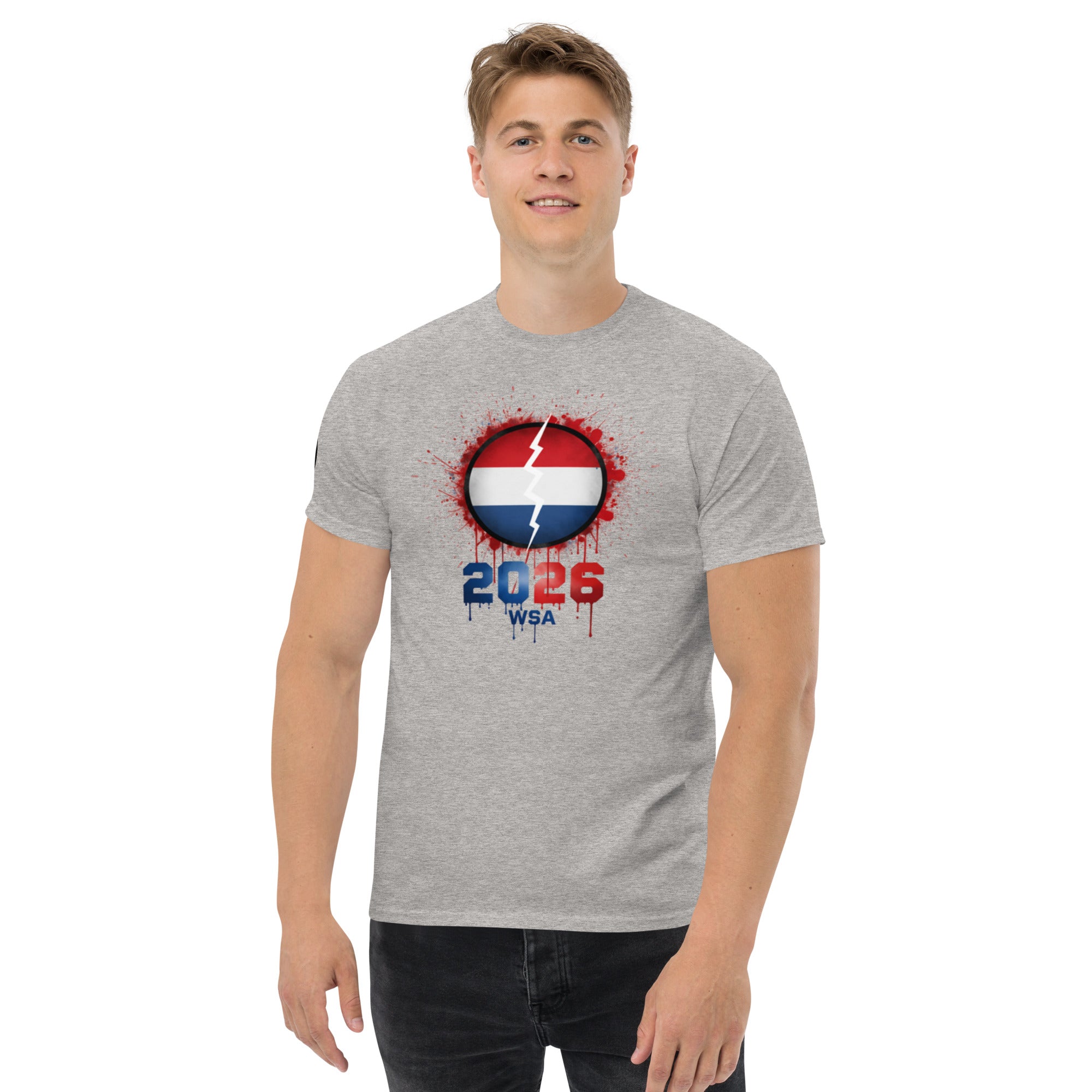 Person wearing a gray t-shirt with a graphic design on a white background