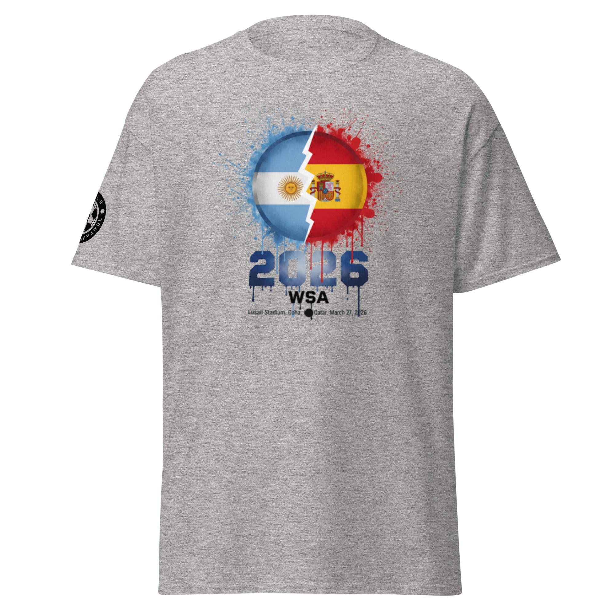 Gray t-shirt with a colorful graphic design featuring flags and text on a white background