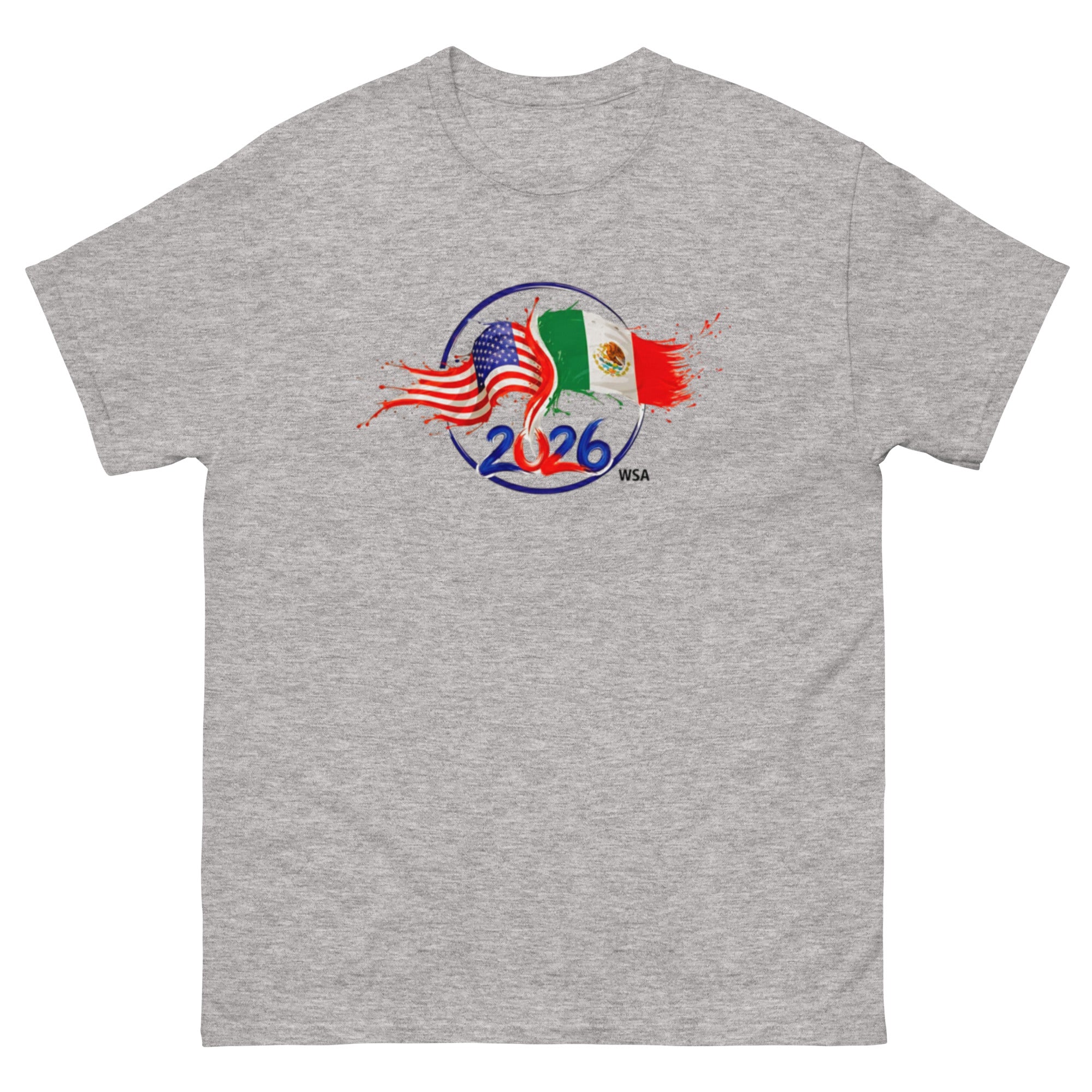 Gray t-shirt with 2026 FIFA World Cup logo featuring American and Mexican flags on a white background