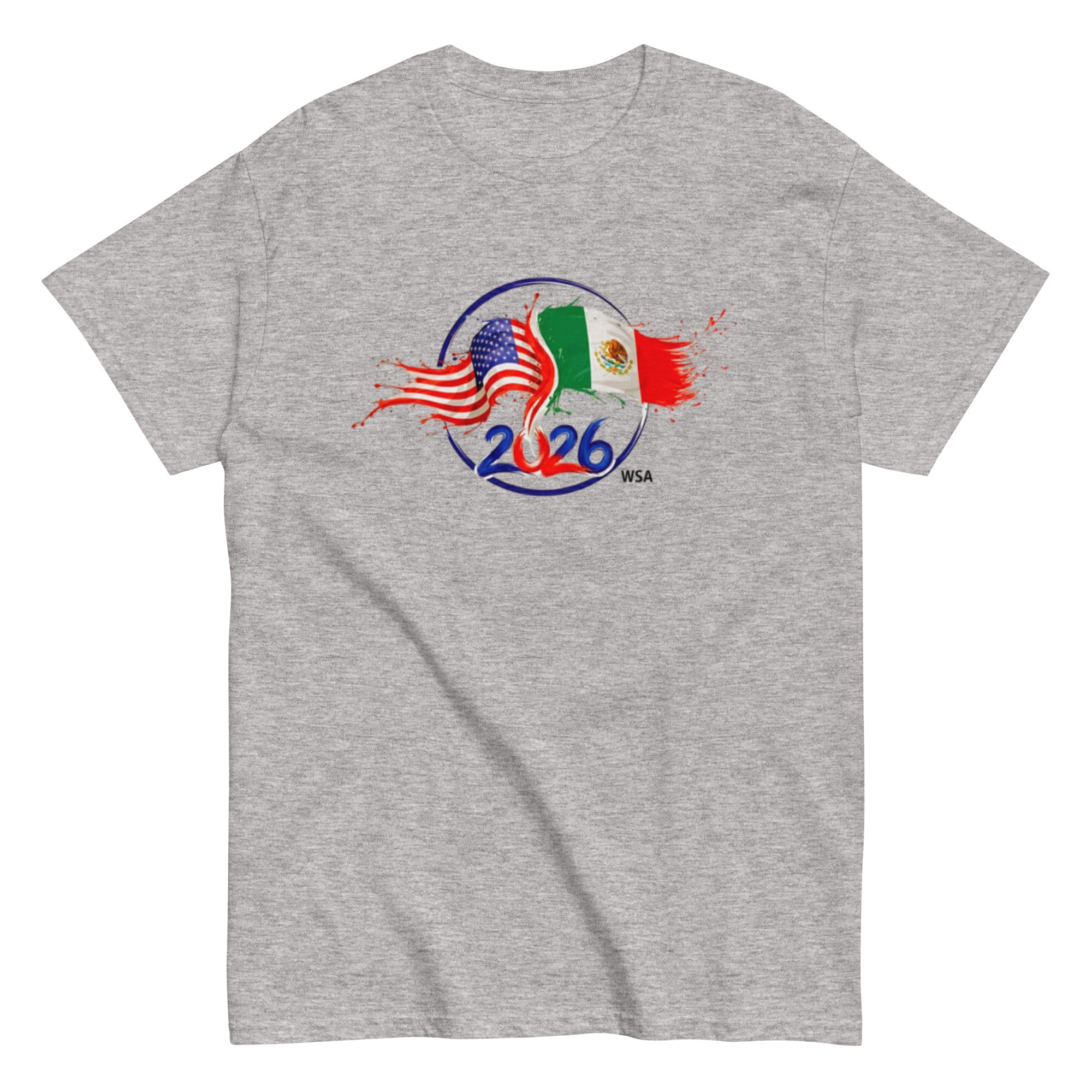 Gray t-shirt with 2026 FIFA World Cup logo featuring American and Mexican flags on a white background