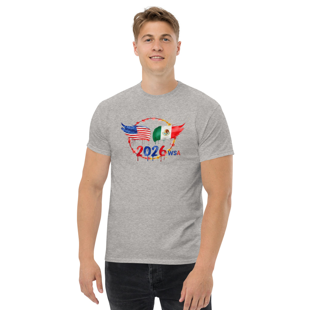 Man wearing a gray t-shirt with a colorful graphic design on a white background