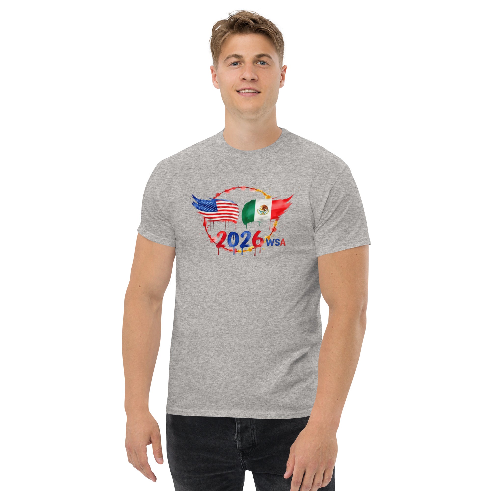 Man wearing a gray t-shirt with a colorful graphic design on a white background