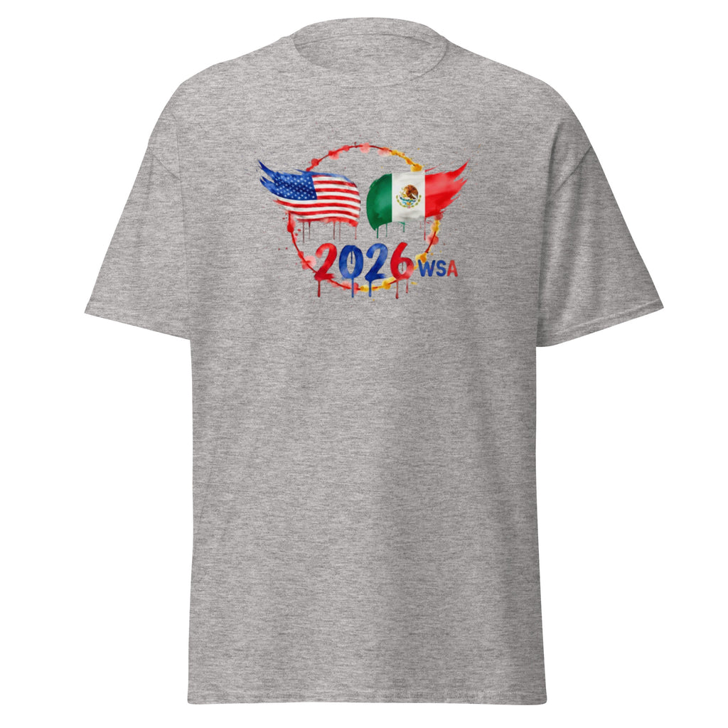 Gray t-shirt with 2026 WSA graphic featuring American and Mexican flags on a white background