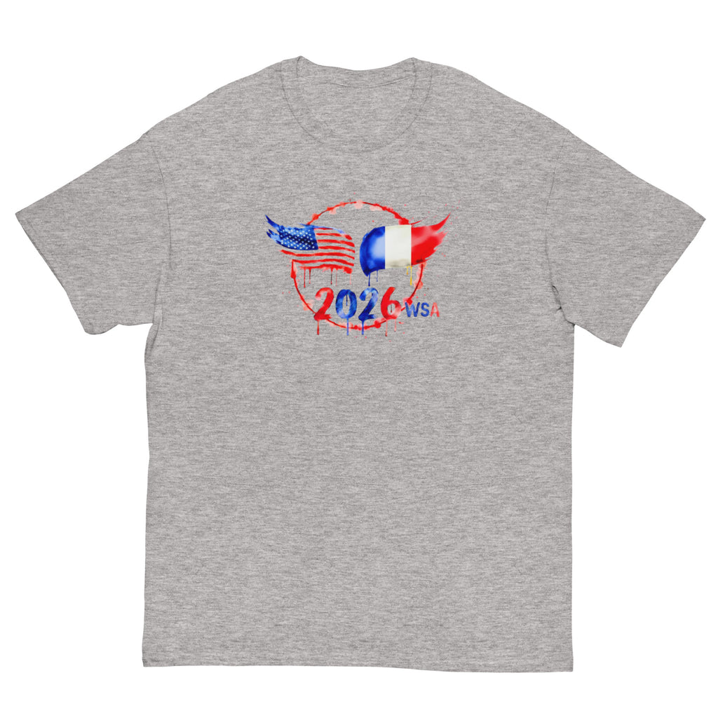 Gray t-shirt with a design of American and French flags in a heart shape with '2026 WS' text on a white background.