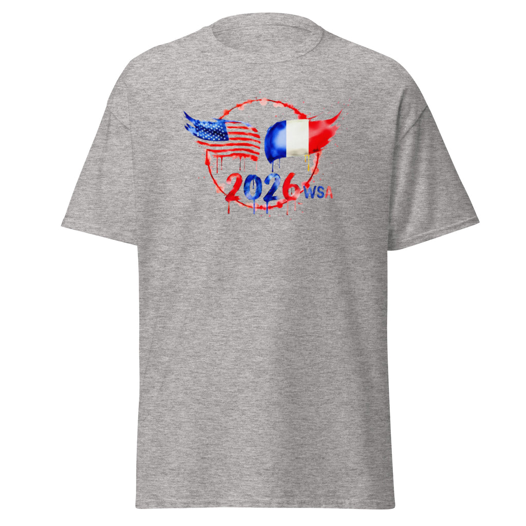 Gray t-shirt with 2026 USA design featuring American and French flags on a white background