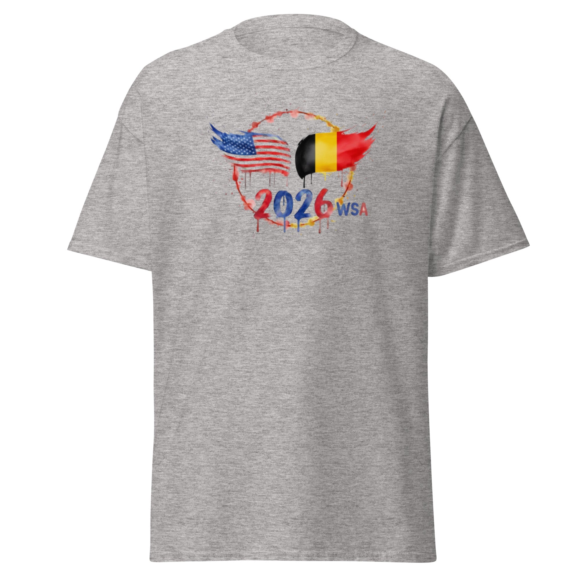 Gray t-shirt with 2026 WSA design featuring American and Belgian flags on a white background