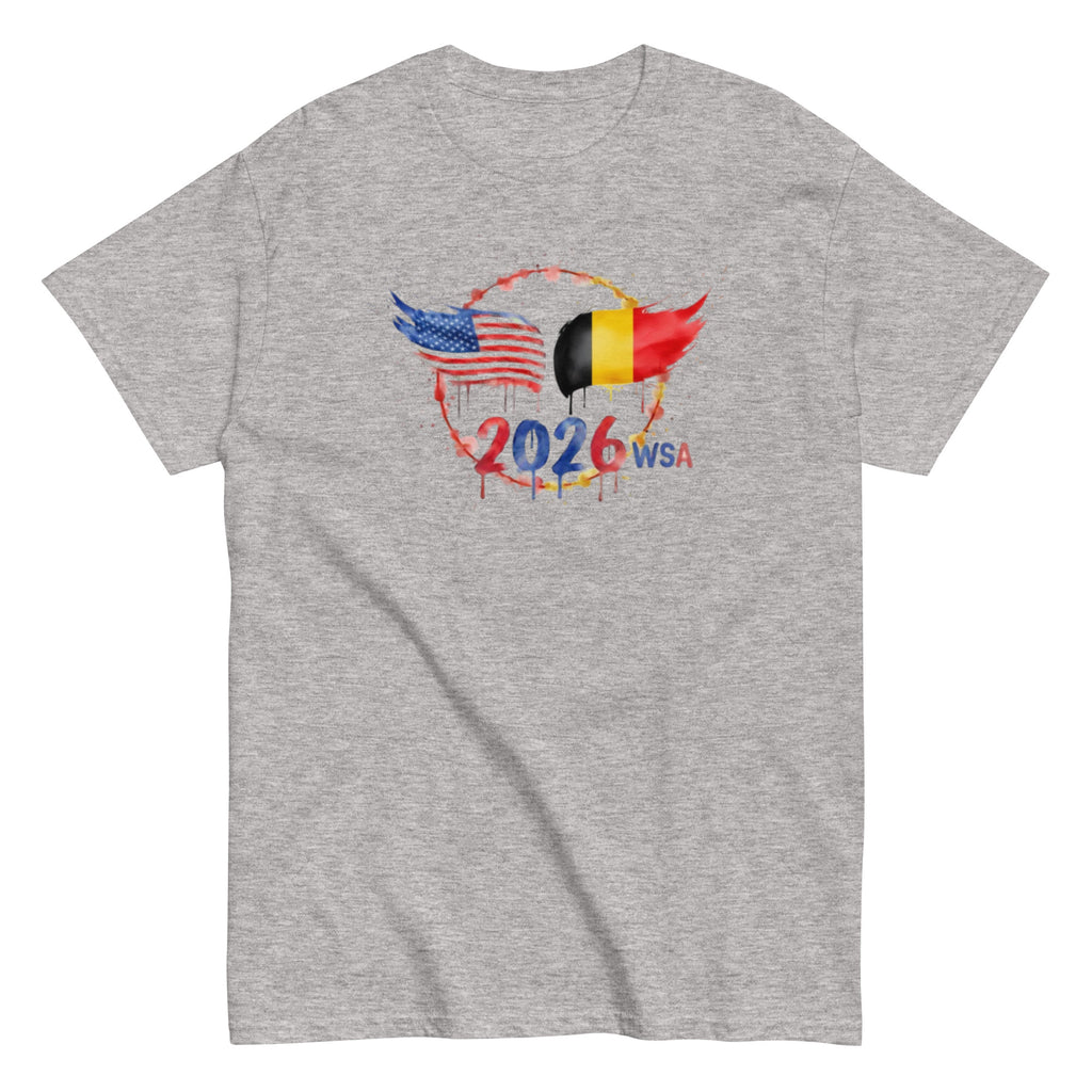 Gray t-shirt with 2026 WSA graphic featuring American and Belgian flags on a white background