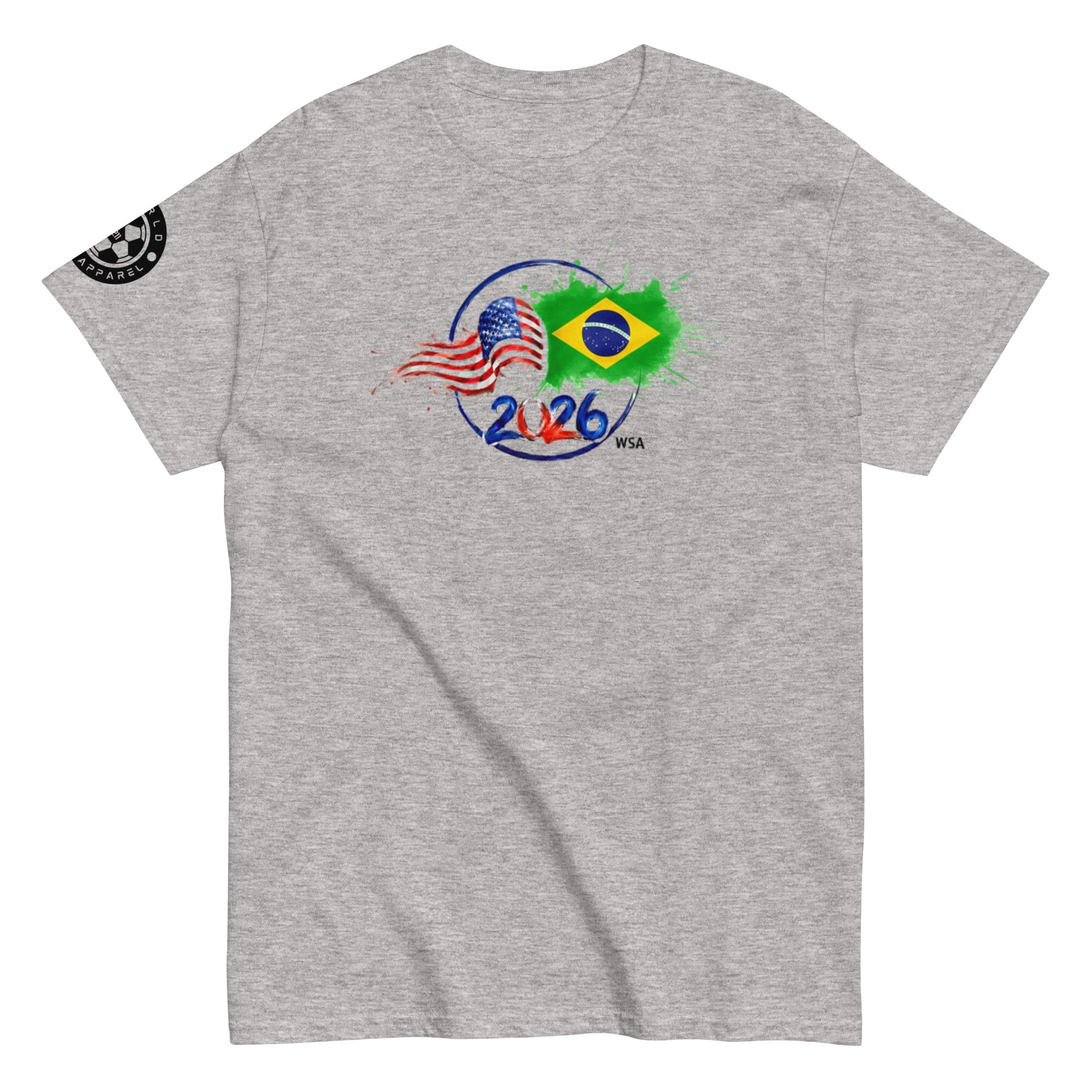 Gray t-shirt with a graphic of American and Brazilian flags and '2026' text on a white background