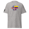 Gray t-shirt with a colorful graphic design on a white background