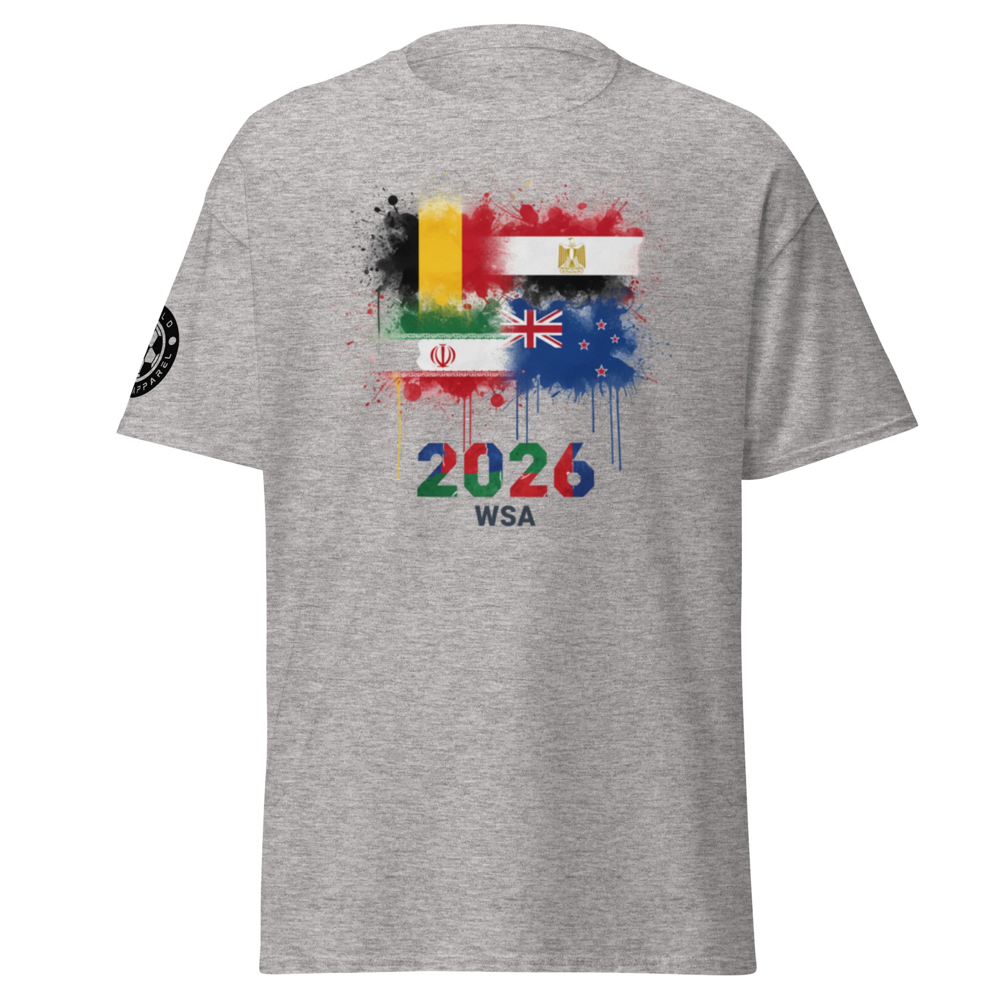 Gray t-shirt with colorful graphic design featuring flags and '2026 WSA' text on a white background