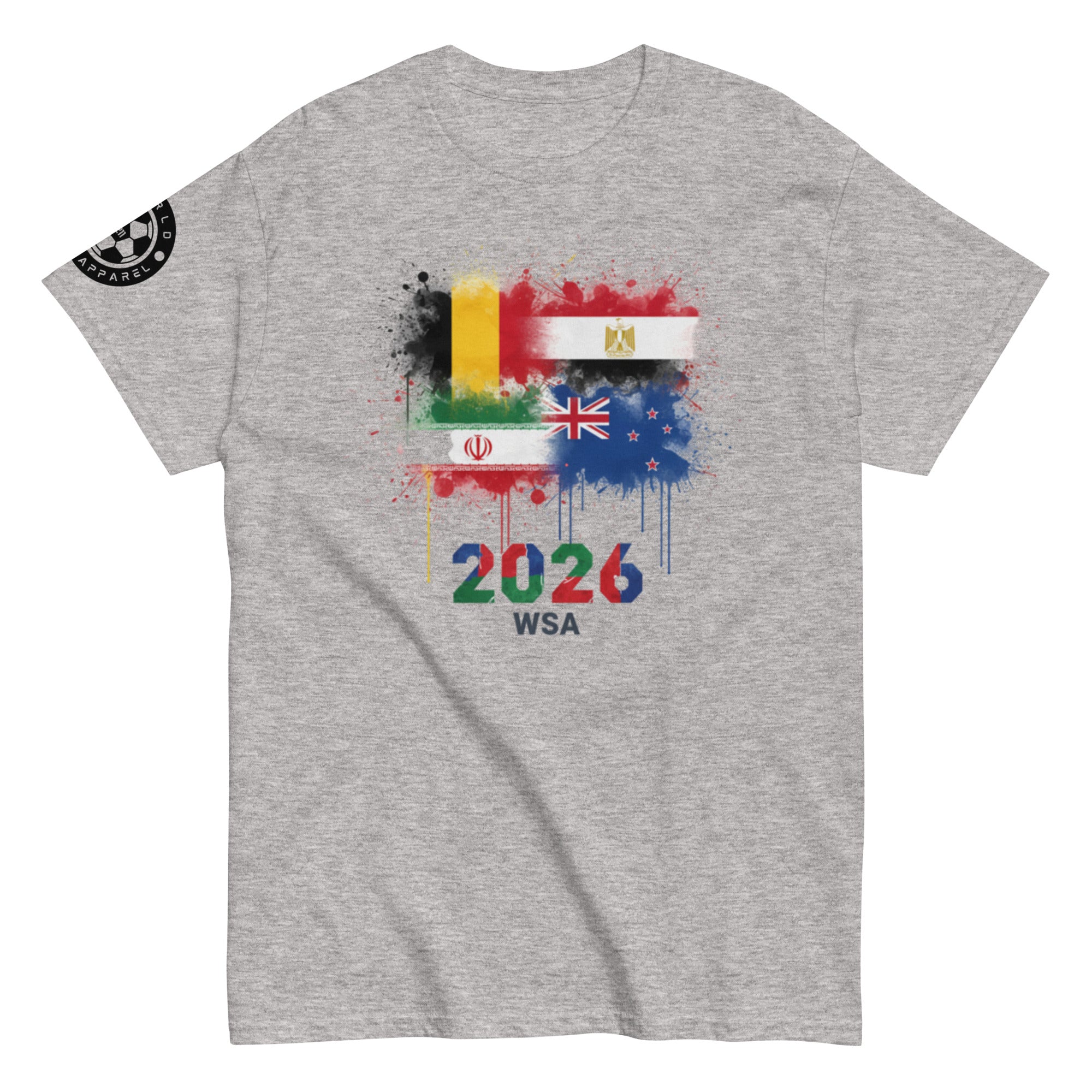 Gray t-shirt with colorful graphic design featuring flags and '2026 WSA' text on a white background.