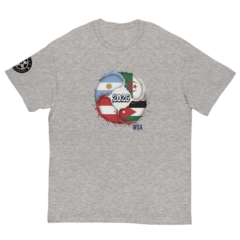 Gray t-shirt with a graphic design featuring flags and '2026' on a white background