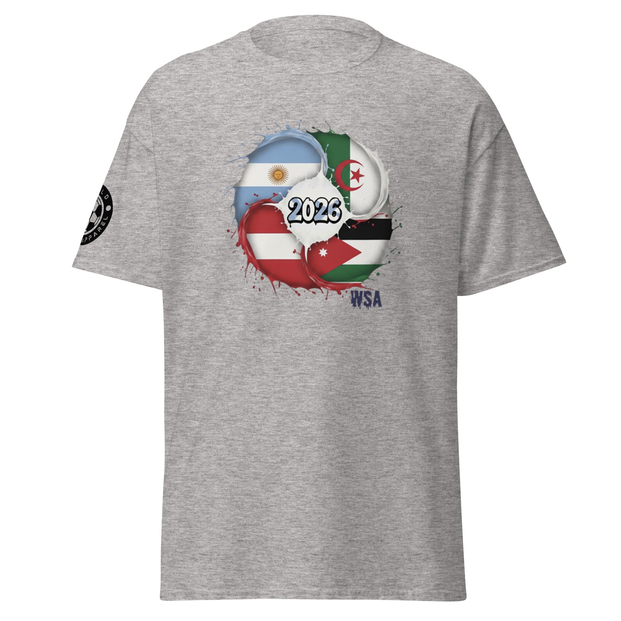 Gray t-shirt with country flags and '2026' printed on a white background