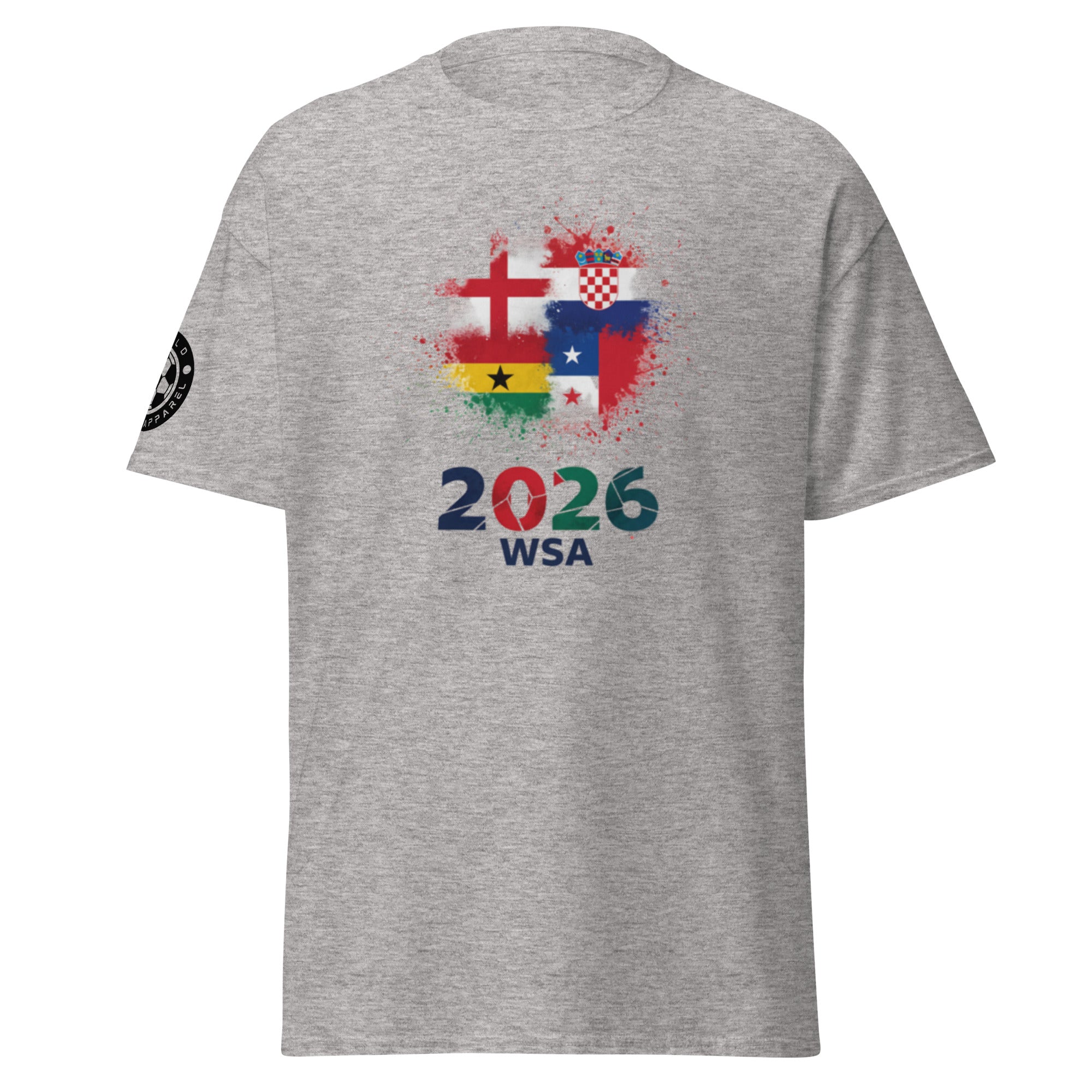 Gray t-shirt with colorful design and text on a white background