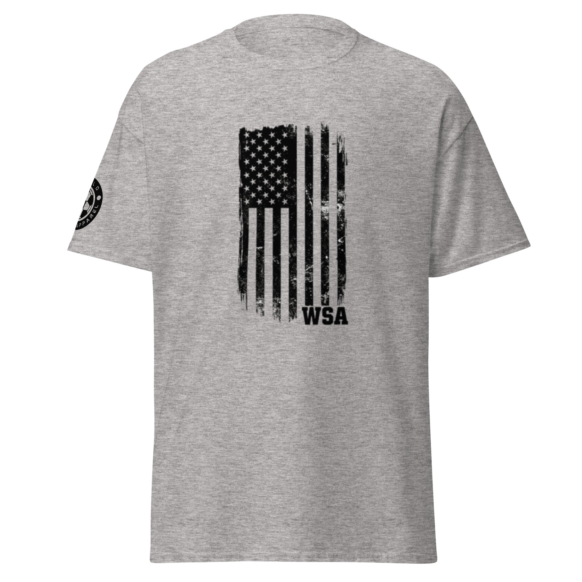 Gray t-shirt with American flag and 'WSA' logo on a white background