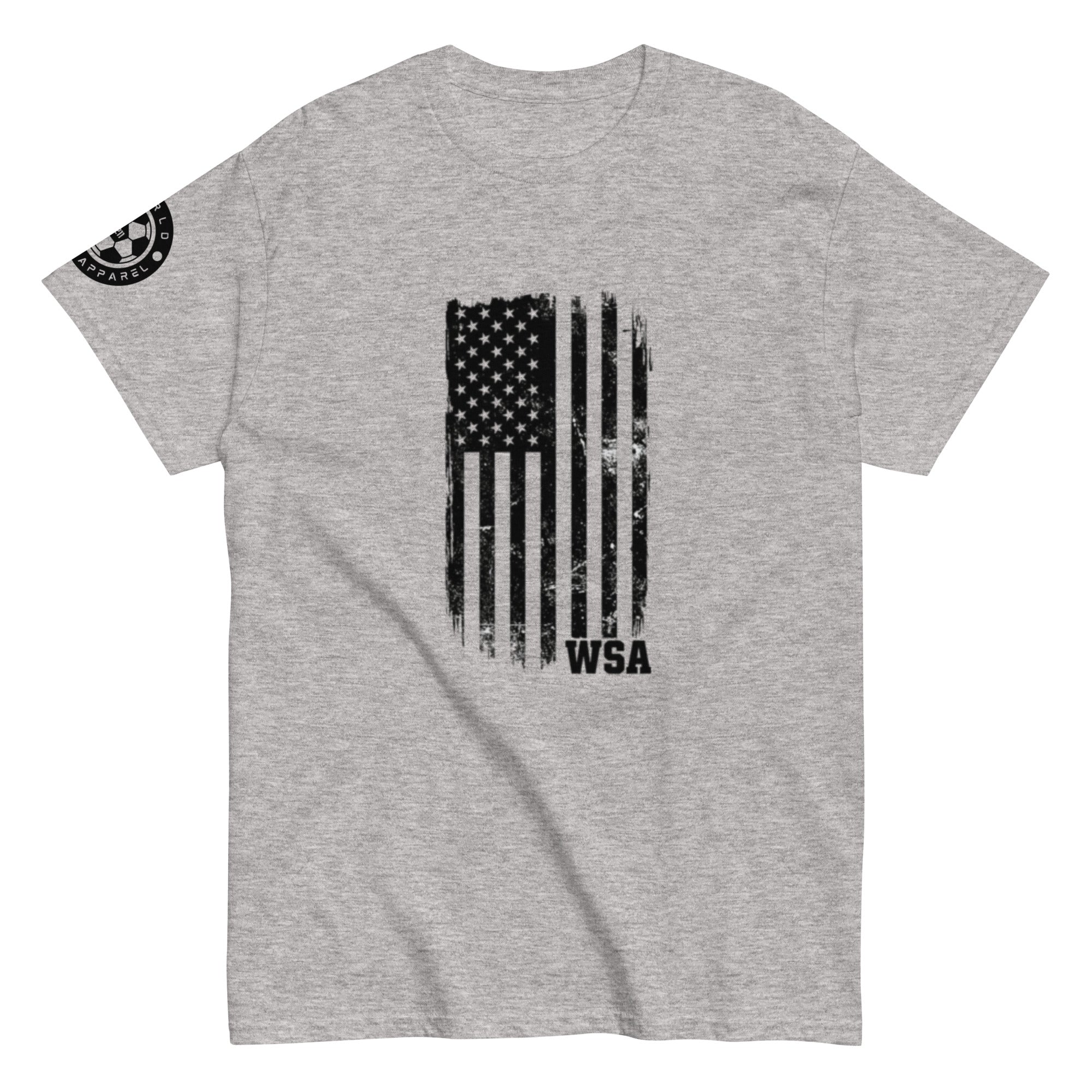 Gray t-shirt with American flag and 'WSA' text on a white background