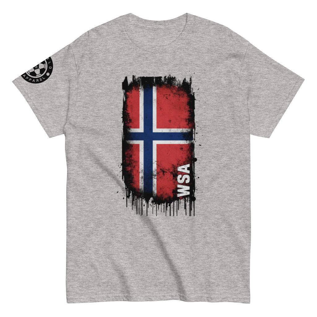 Gray t-shirt with a red, blue, and white flag design and 'WSA' text on a white background