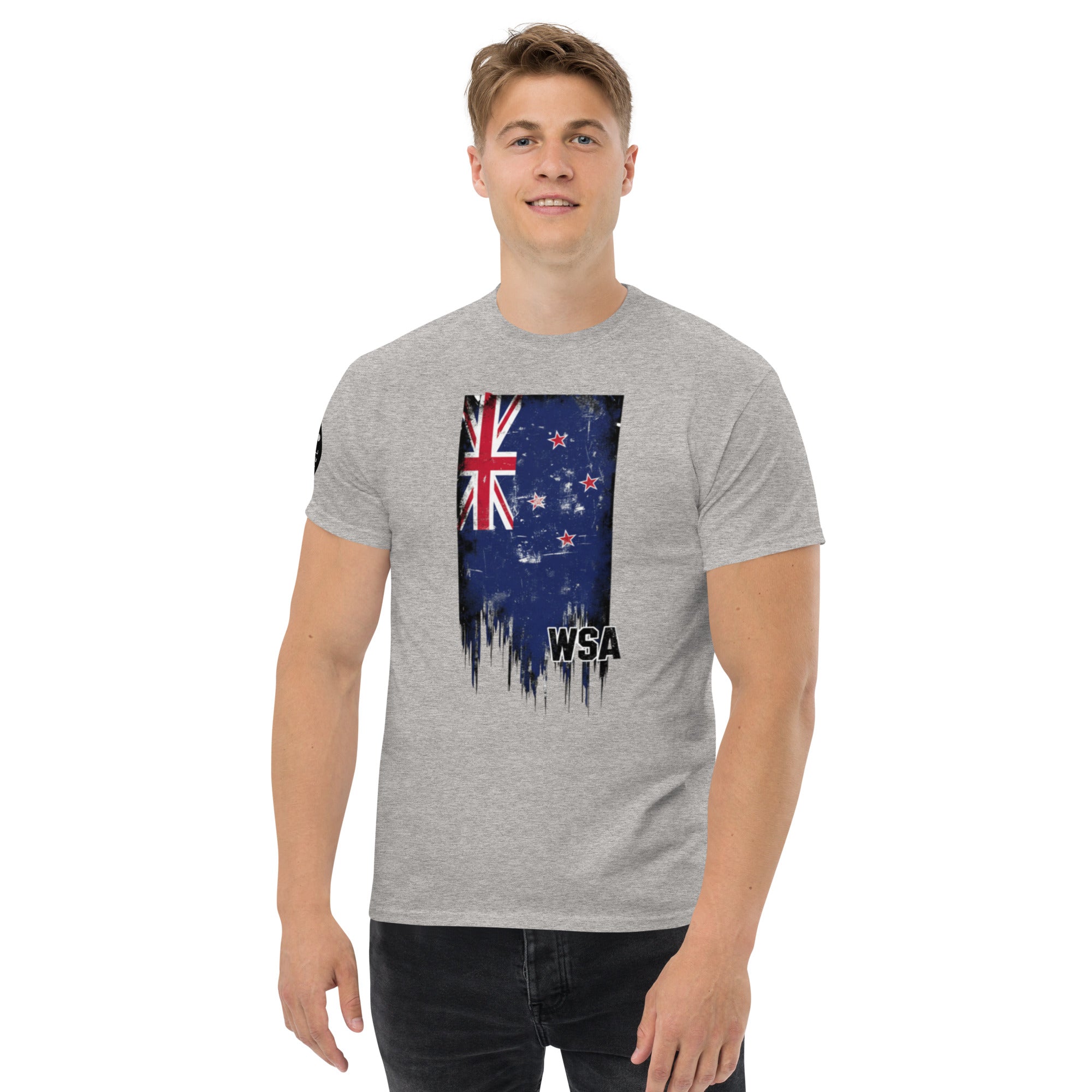 Person wearing a gray t-shirt with a flag design and 'WSA' text on a white background