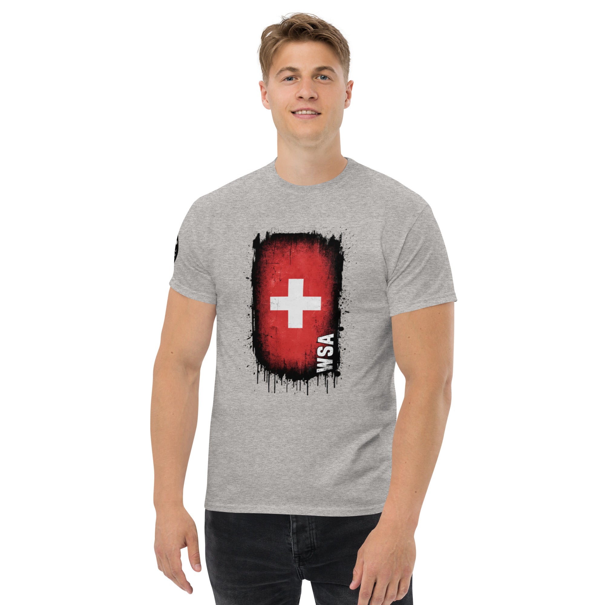 Person wearing a gray t-shirt with a red and black graphic design on a white background