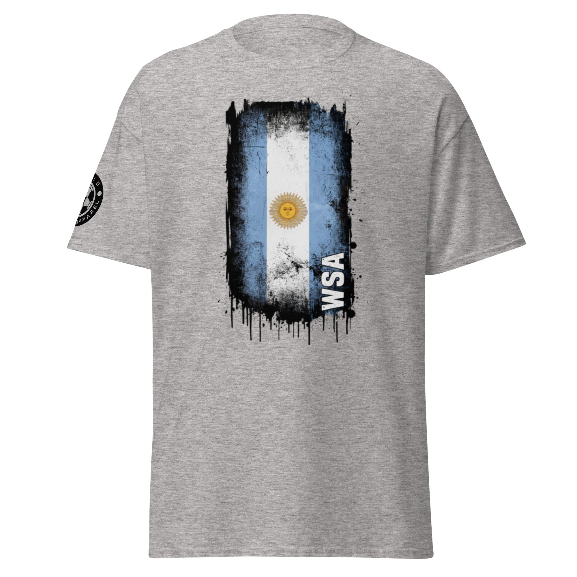 Gray t-shirt with a graphic of the Argentine flag and 'WSA' text on a white background