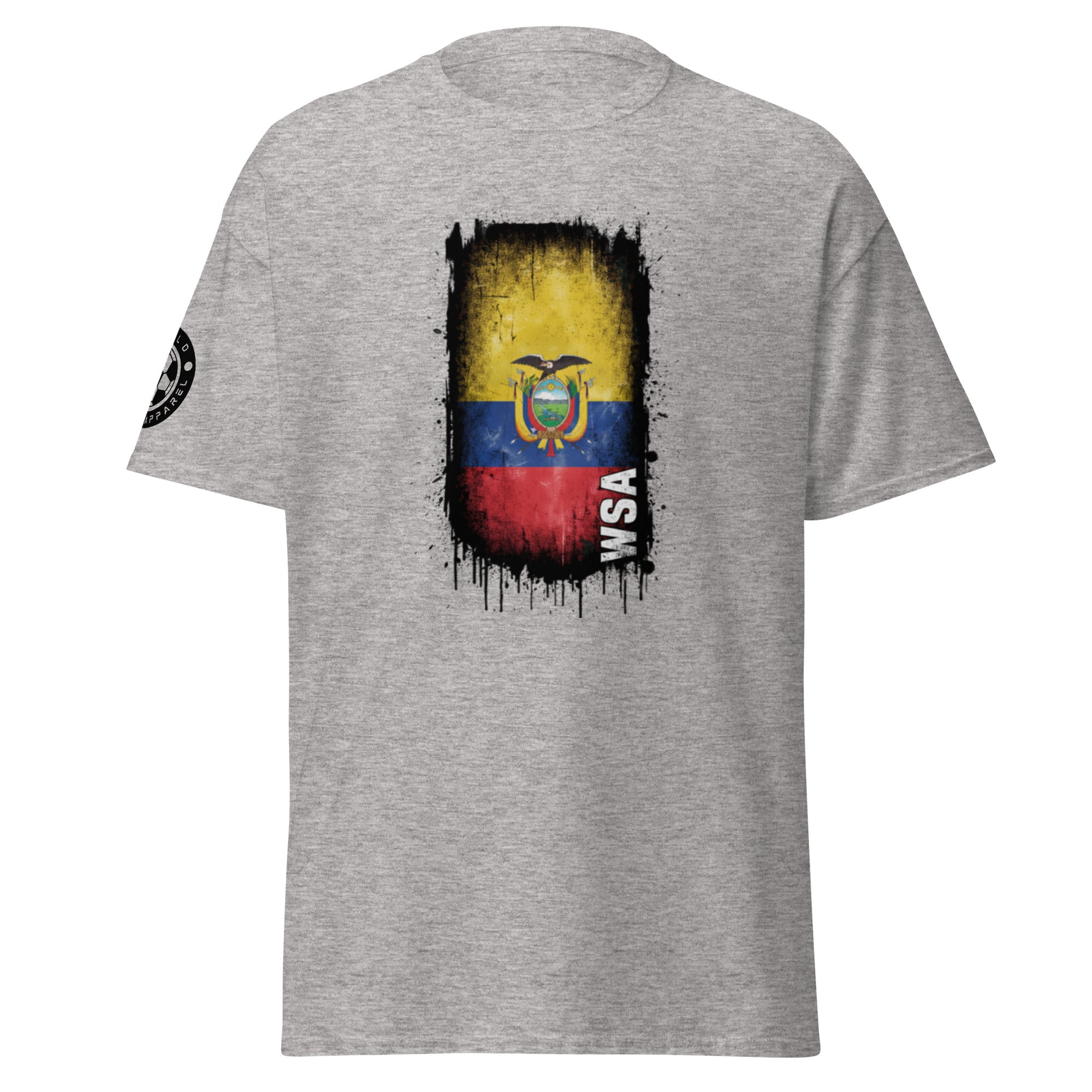 Gray t-shirt with a colorful graphic design on a white background