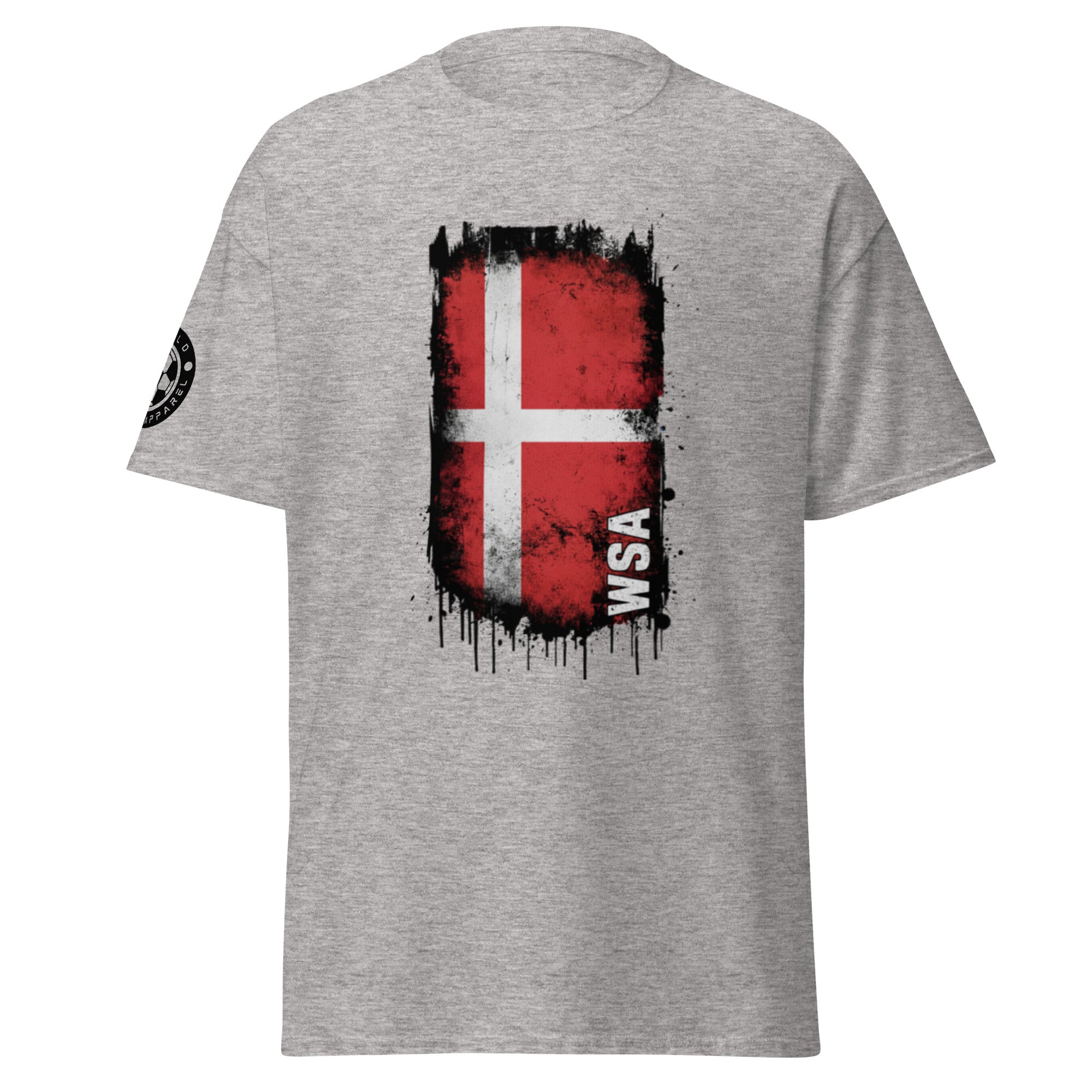 Gray t-shirt with a Danish flag design and 'WSA' branding on a white background