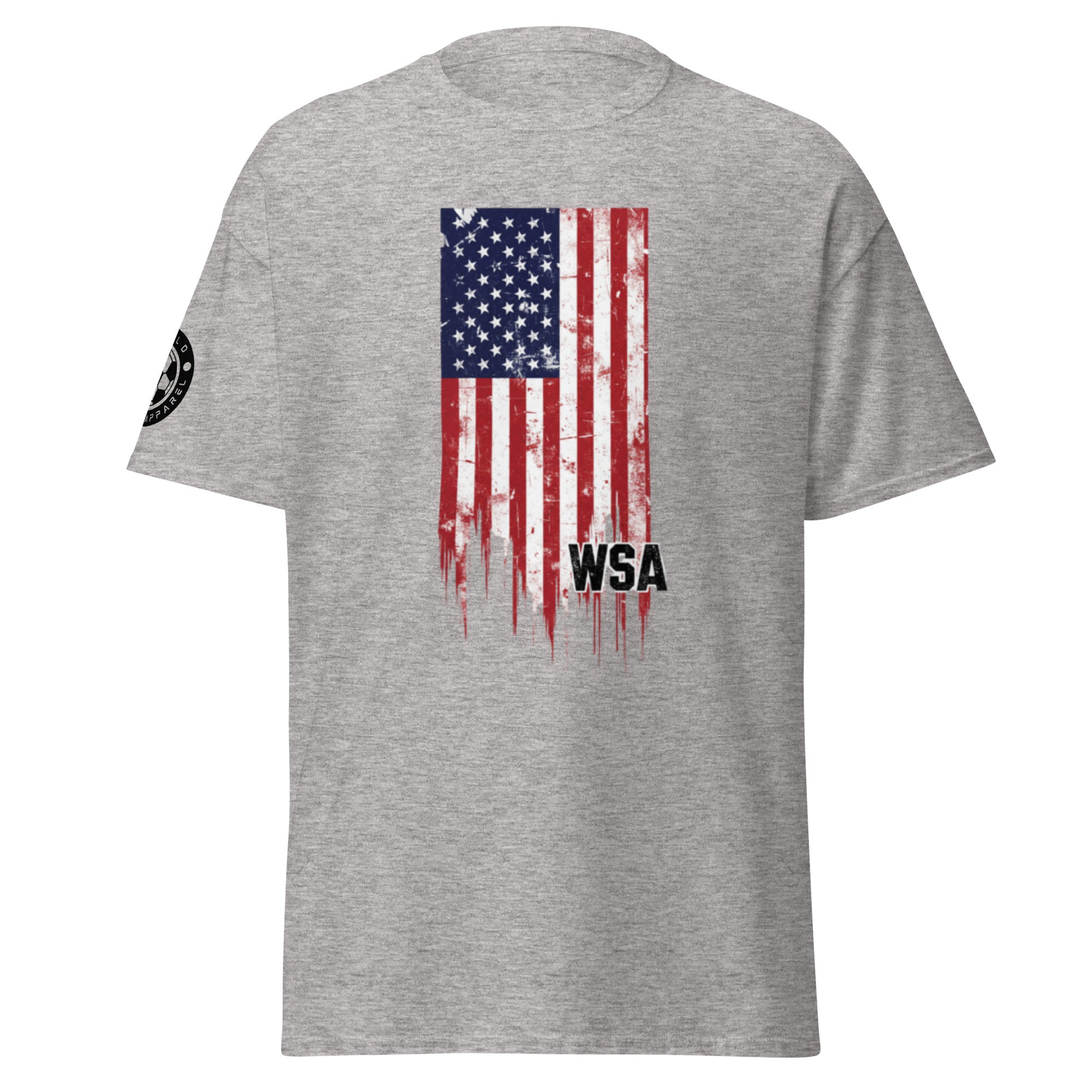 Gray t-shirt with American flag and 'WSA' text on a white background