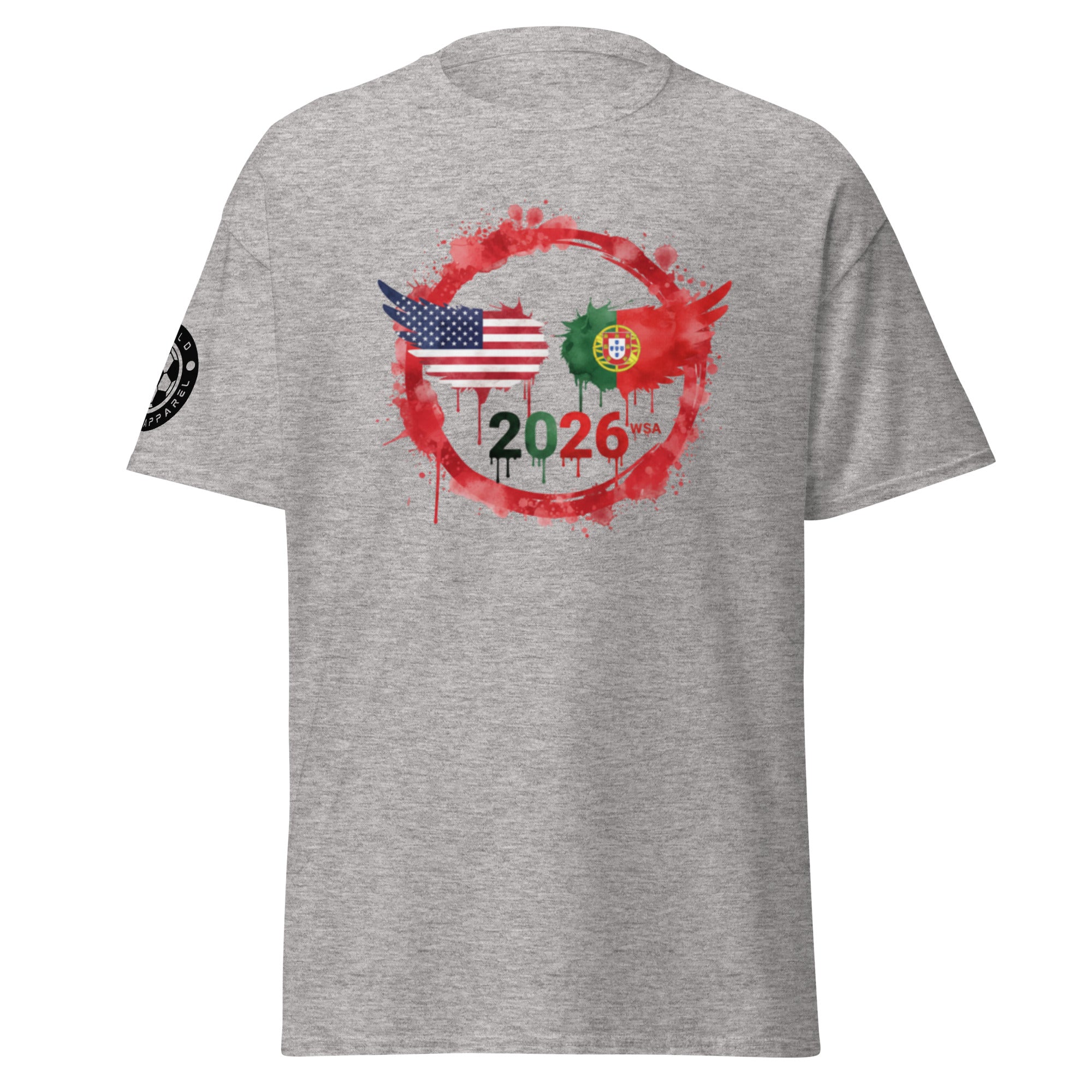 Gray t-shirt with 2026 FIFA World Cup design featuring American and Portuguese flags on a white background
