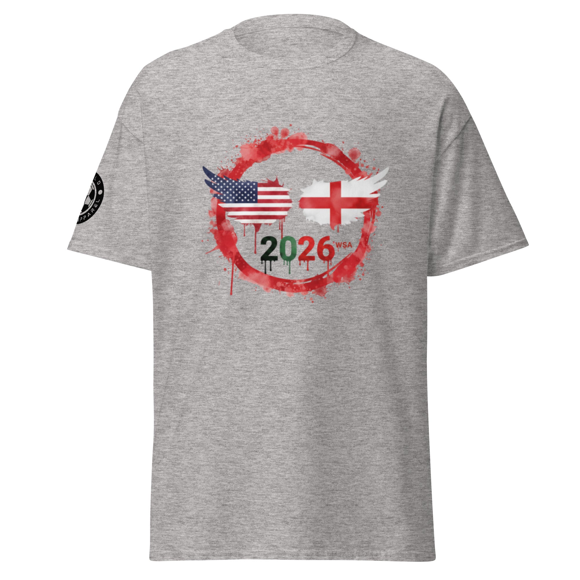 Gray t-shirt with a graphic design featuring American and English flags, numbers, and text on a white background.